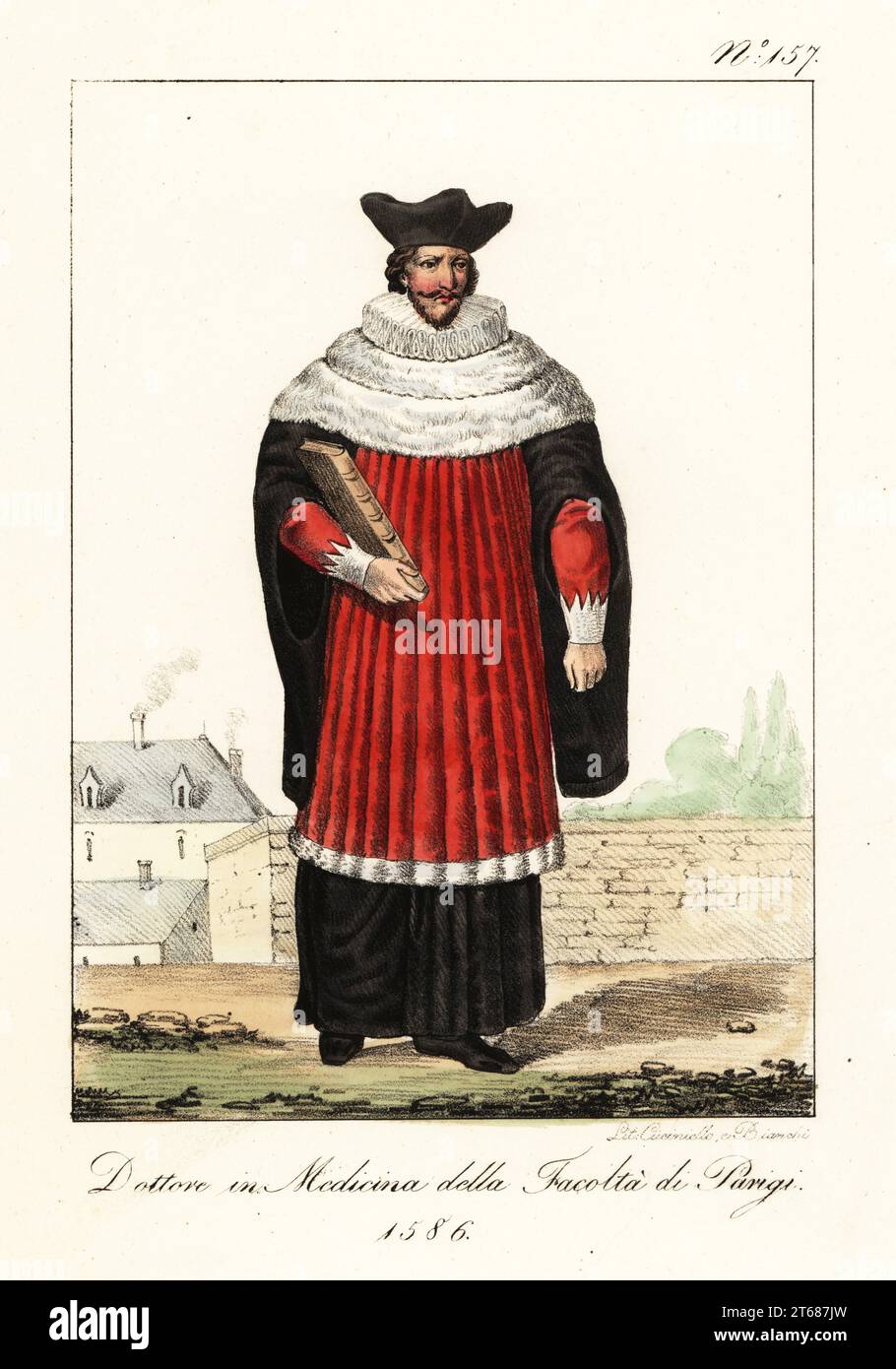Kostüm eines Doktors der Medizin an der Medizinischen Fakultät der Universität Paris, 1586. In schwarzer Mütze, Rüschenkragen, Mantel mit Pelzkapsel über den Schultern, scharlachrote Tunika, mit medizinischem Buch. Docteur en Medecine de la Faculte de Paris. Handkolorierte Lithographie von Lorenzo Bianchi und Domenico Cuciniello nach Hippolyte Lecomte aus Costumi civili e militari della monarchia francese dal 1200 al 1820, Neapel, 1825. Italienische Ausgabe der Lecomtes Zivil- und Militärkostüme der französischen Monarchie von 1200 bis 1820. Stockfoto