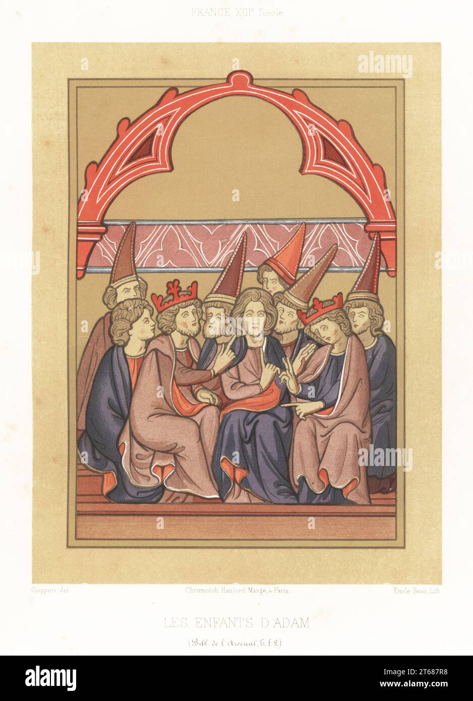 Die Kinder Adams von Noah über Abraham bis Ismael. Les Enfants d'Adam. Männer in Mantel und Gewand, mit Kronen und konischen Hüten. Aus dem Buch der Chroniken in einer Handschrift Bibel, MS T.L. 2, Bibliotheque de l’Arsenal, 13. Jahrhundert. Frankreich, XIIIe Siecle. Chromolithographie von Emile Beau nach einer Illustration von Claudius Joseph Ciappori aus Charles Louandres Les Arts Somptuaires, The Sumptuary Arts, Hangard-Mauge, Paris, 1858. Stockfoto