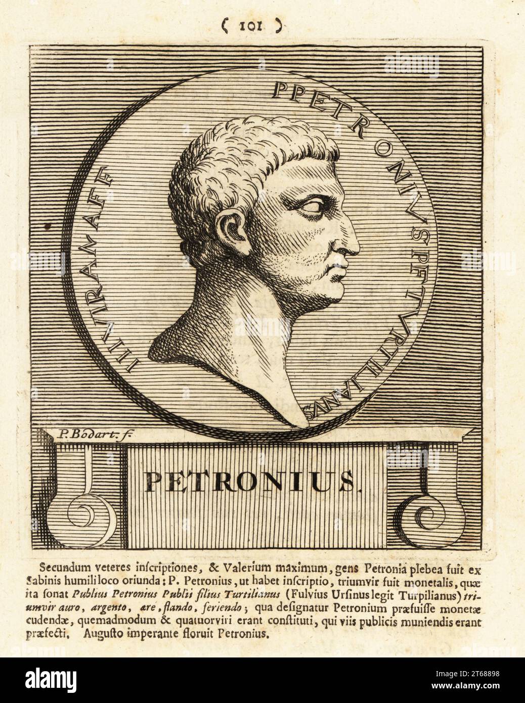 Petronius. Gaius Petronius Arbiter, um 2766 n. Chr.; römischer Höfling während der Regierungszeit von Nero, Autor des Satyricon, eines satirischen Romans. Kupferstich von Pieter Bodart (1676–1712) aus Henricus spoors Deorum et Heroum, Virorum et Mulierum Illustrium imagines Antiquae Illustatae, Götter und Helden, Männer und Frauen, illustriert mit antiken Bildern, Petrum, Amsterdam, 1715. Erstmals 1707 als Favissæ utriusque antiquitatis tam Romanæ quam Græcæ veröffentlicht. Henricus Spoor war ein niederländischer Arzt, klassischer Gelehrter, Dichter und Schriftsteller. 1694-1716. Stockfoto