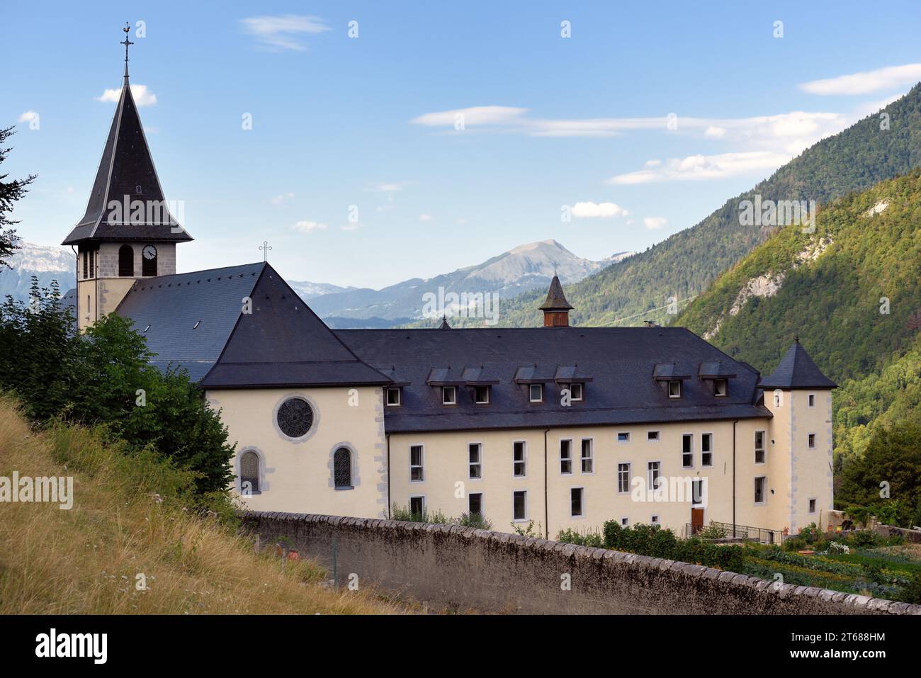 Abtei Tamié (1133) oder Abbaye Notre Dame de Tamié Zisterzienserkloster in Bauges Mountains Plancherine Savoie Frankreich Stockfoto