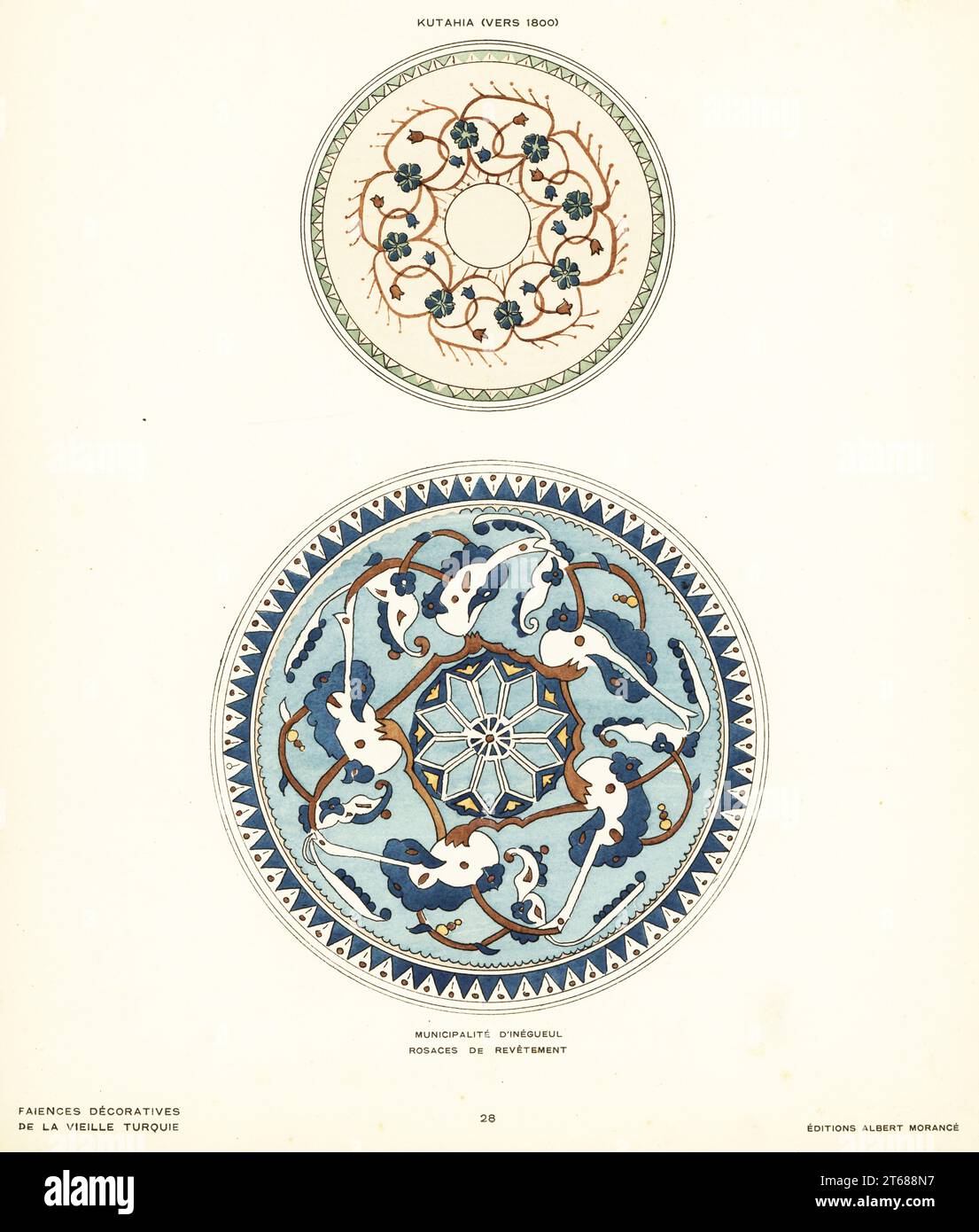 Keramikrosettenfliesen, verziert mit Laub aus der Gemeinde Inegol, Bursa, hergestellt in Kutahya, Türkei, um 1800. Municipalit dInegueul. Rosaces de Revetement. Kutahia (Vers 1800). Pochoir (Schablone) handkolorierte Lithografie von Alexandre Raymonds Faience Decorative de la Vieille Turquie, Dekorative Keramik aus der antiken Türkei, Editions Albert Morance, Paris, 1927. Stockfoto