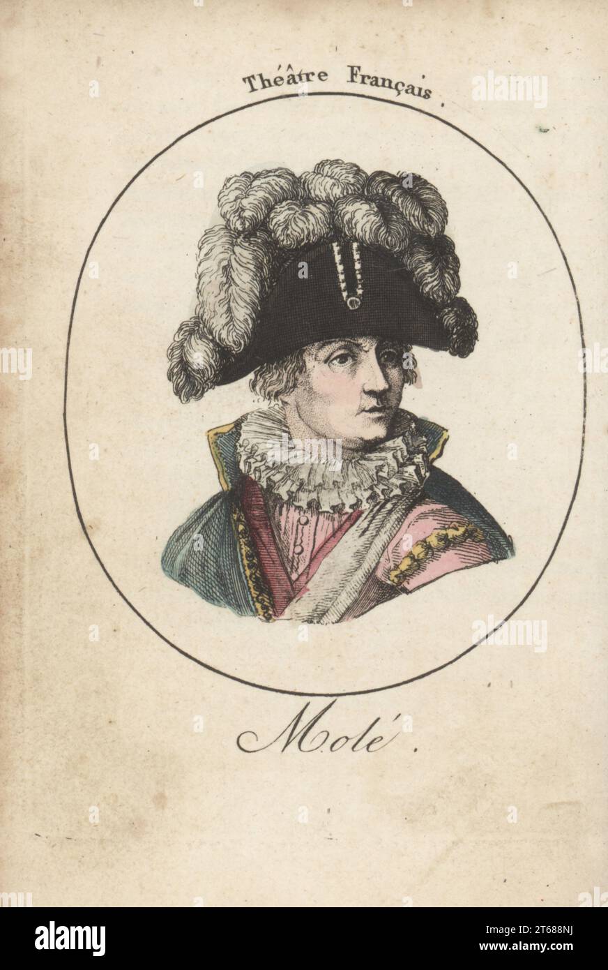 Francois-René Molé, französischer Schauspieler, 1734-1802. Zusammen mit 12 anderen Schauspielern der Comedie-Francais verhaftet, weil sie 1793 in Pamela auftrat. In Kostüm mit geplumpftem Bicorne Hut, Rüschenkragen, Umhang. Maulwurf. Theater Francais. Handkolorierter Kupferstich nach Jacques Grasset Saint-Sauveur von Acteurs et Actrices Cebres, berühmten Schauspielern und Schauspielerinnen, Le Caliz Latour Libraire, Paris, 1808. Stockfoto