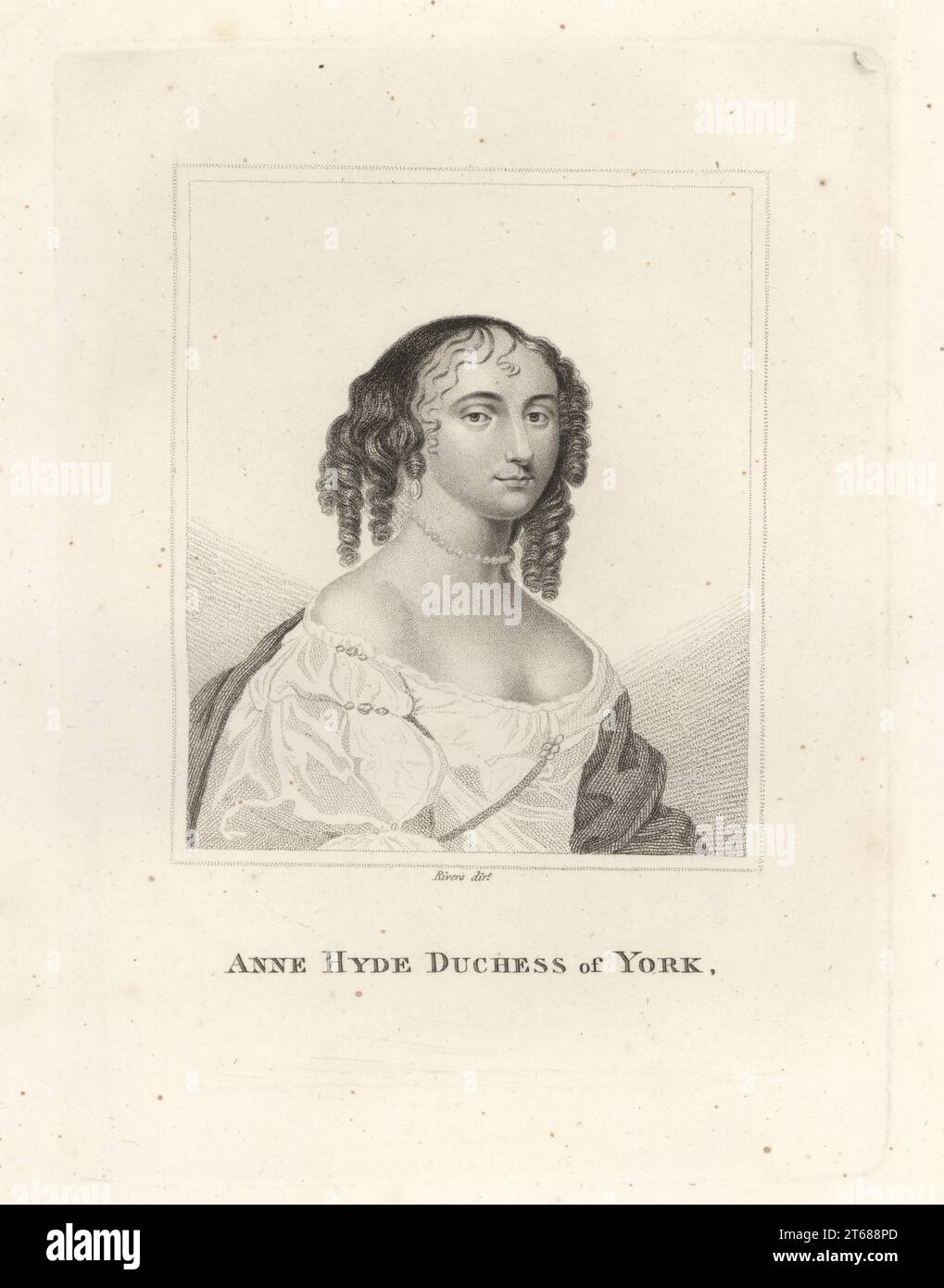 Anne Hyde, Herzogin von York und Albany, 1637-1671. Erste Ehefrau von James, Duke of York, der später König Jakob II. Und VII. Von England und Schottland wurde. Mit Lockenhaaren, Perlenkette, tiefgeschnittenem Kleid. Von einer Zeichnung nach Sir Peter Lely, graviert von Rivers. Kupferstich aus der Samuel Woodburns Gallery mit seltenen Porträts bestehend aus Original Plates, George Jones, 102 St Martins Lane, London, 1816. Stockfoto