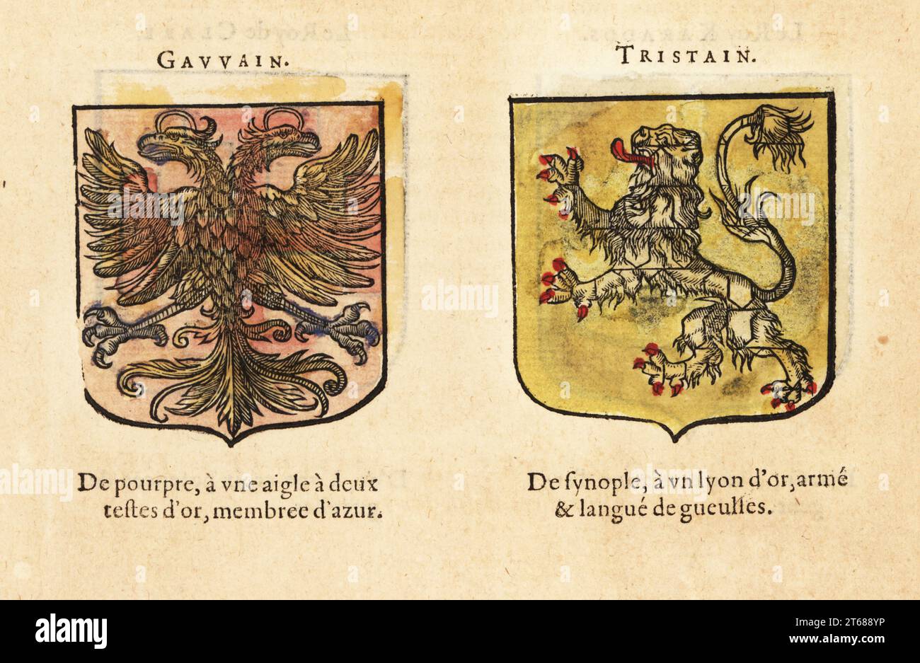 Imaginäre Wappen von König Arthurs Ritter der Tafelrunde: Gawain mit zweiköpfigem Adler, Tristan mit goldenem Löwen. Chevaliers de la table ronde: GAVVAIN, TRISTAIN. Handkolorierter Holzschnitt von Hierosme de Baras Le Blason des Armoiries, Chez Rolet Boutonne, Paris, 1628. Stockfoto