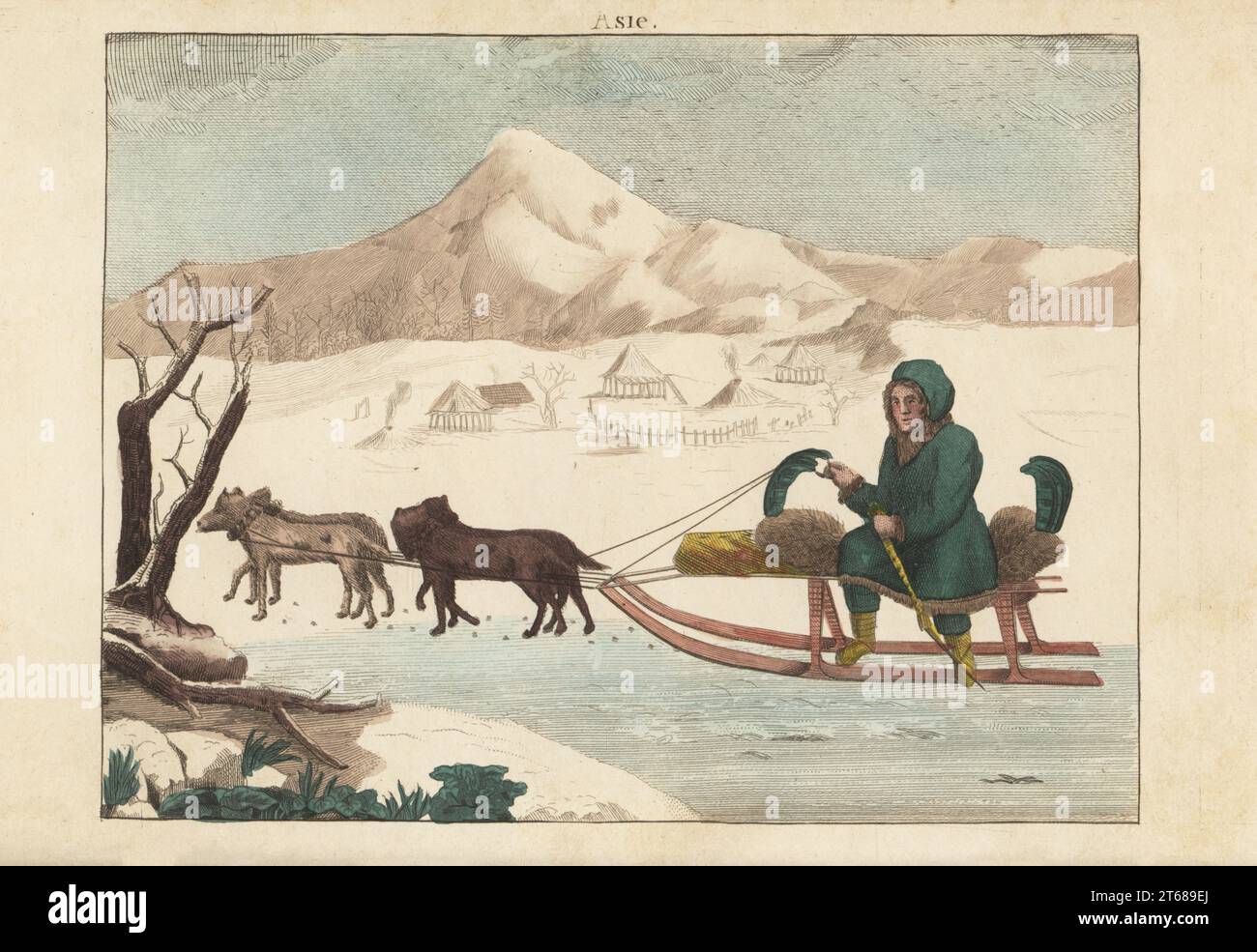 Kamchadal oder Korjak-Mann, der mit einem Hundeschlitten über eine gefrorene Landschaft fährt, Kamtschatka, Russland, 1800er Jahre Mehrere Jurten im Hintergrund. Kamtschadale dans Son Traineau Tire par des Chiens. Handkolorierter Kupferstich aus A. Antoine de Saint-Gervaiss Album des Peuples, Ou Collection de Tableaux, Album of Peoples oder Collection of Painting, J. Langlume et Peltier, Paris, 1835. Nachdruck aus Moeurs et coutumes des Peuples, Hocquart, 1811. Stockfoto