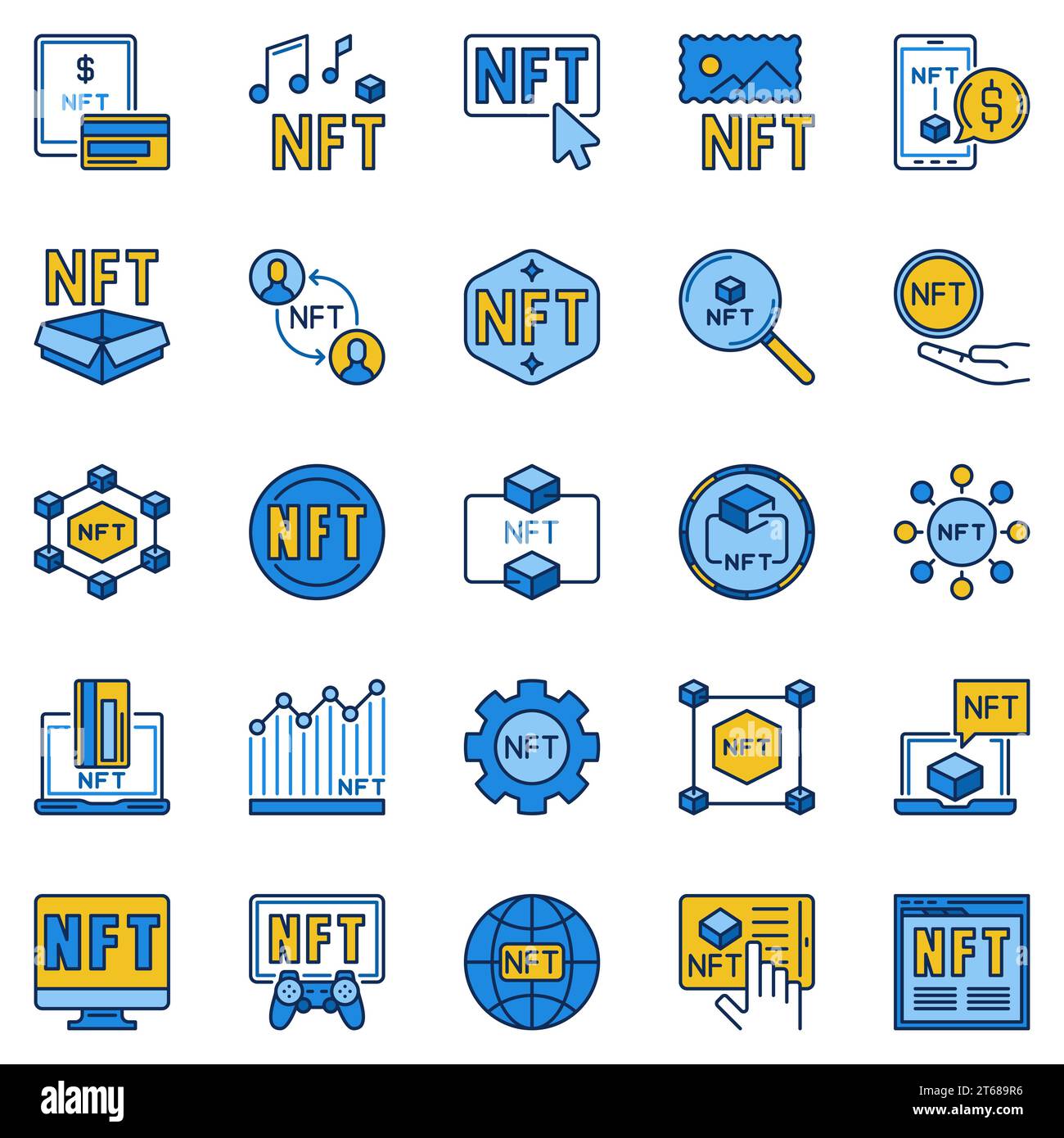 NFT-Technologie – nicht fungible Token Farbige Vektorsymbole oder Symbolsatz Stock Vektor