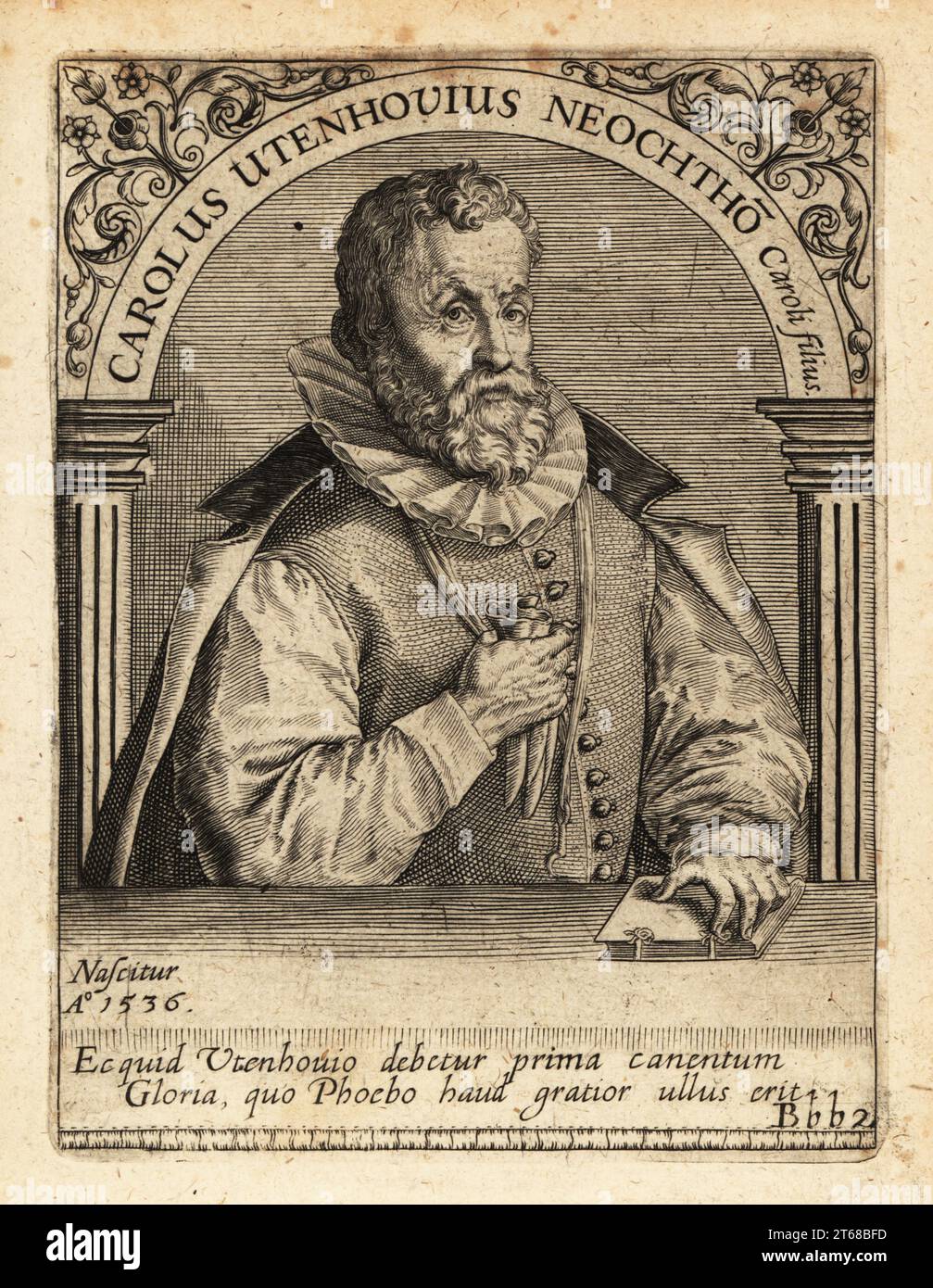 Karl von Utenhove, flämischer humanistischer Gelehrter und Dichter, lebte 1536–1600 in Basel, Paris, London und am Niederrhein. Carolus Utenhovius Neochtho Caroli Filius. Kupferstich von Johann Theodore de Bry aus Jean-Jacques Boissards Bibliotheca Chalcographica, Johann Ammonius, Frankfurt, 1650. Stockfoto