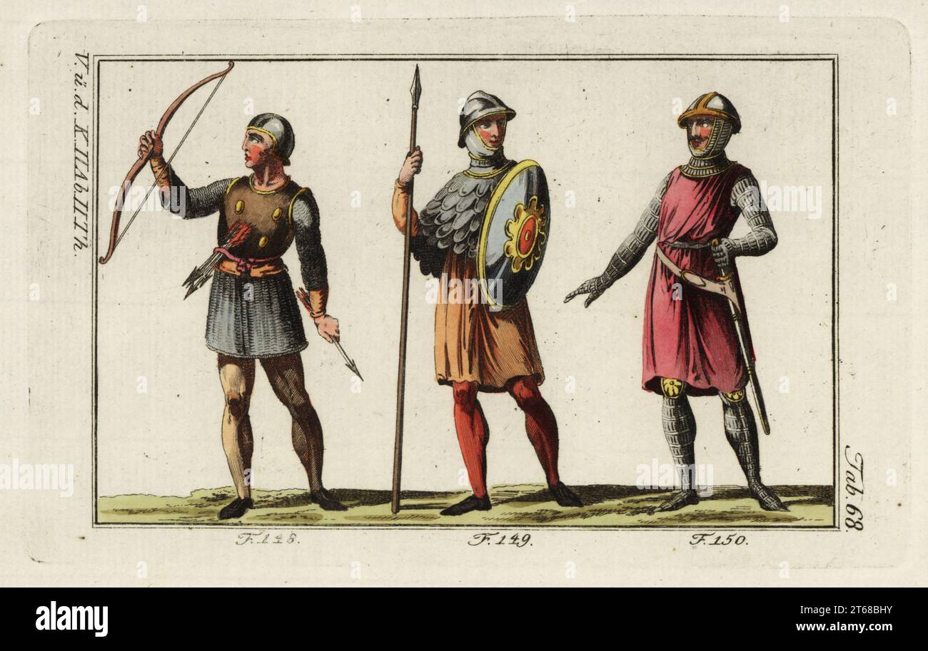 Normannische Soldaten, 12. Jahrhundert: Bowman mit Brustschild, Bogen und Pfeilen 148, Fantassin (Infanterie) mit Helm, Kettenblattcoif, Lanze, Schild und Kuirass 149, und Fantassin (Infanterie) mit Helm, Schwert und Militärsurtout 150. Handkolorierter Kupferstich aus Robert von Spalarts historischem Bild der Kostüme der Hauptleute der Antike und des Mittelalters, Wien, 1802. Stockfoto