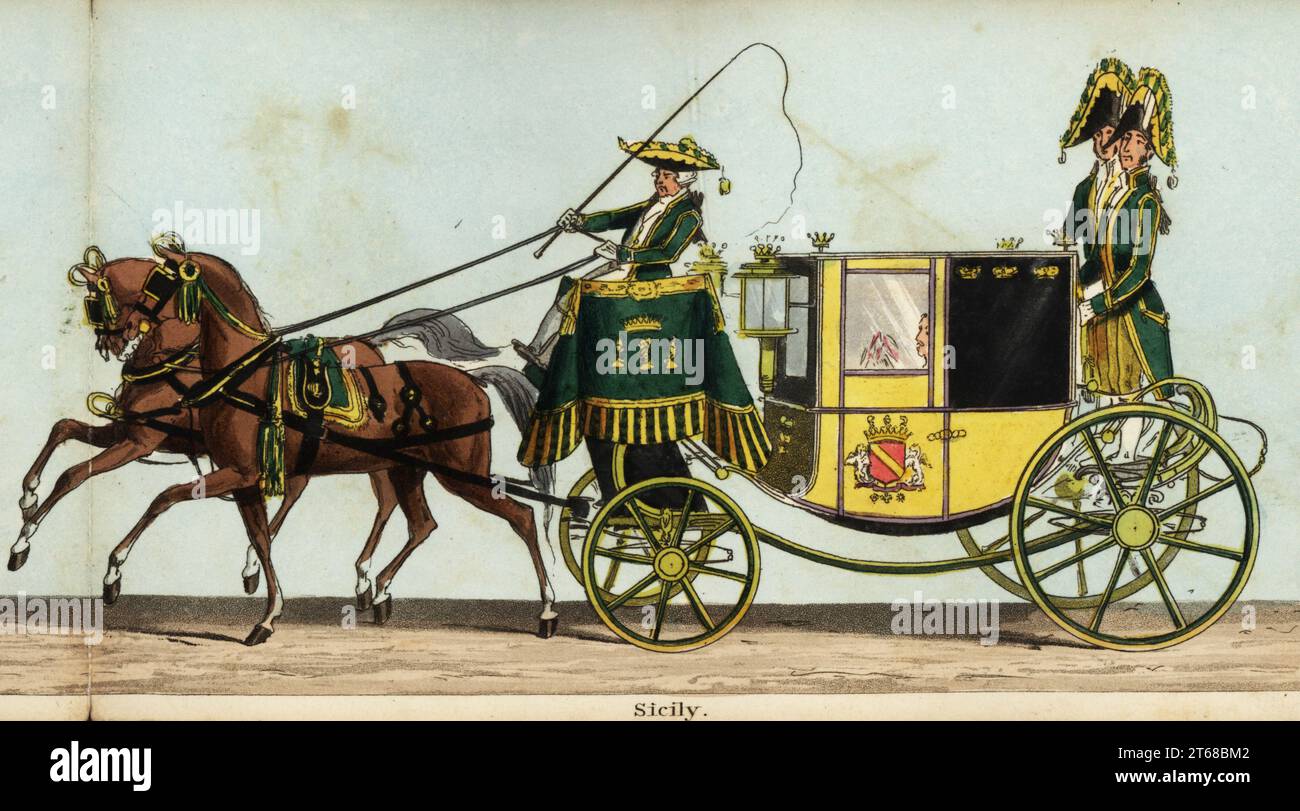 Kutsche des Grafen Ludolf, außerordentlicher Botschafter des Königs der beiden Sizilien, Ferdinand II., bei der Krönungsparade von Königin Victorias. Handgefärbter Aquatinstich aus Fores' korrekter Darstellung der Staatsprozession anlässlich der August-Zeremonie der Krönung Ihrer Majestät, 28. Juni 1838, herausgegeben von Fores, Sporting and Fine Print Repository, Piccadilly, London, 1838. Stockfoto