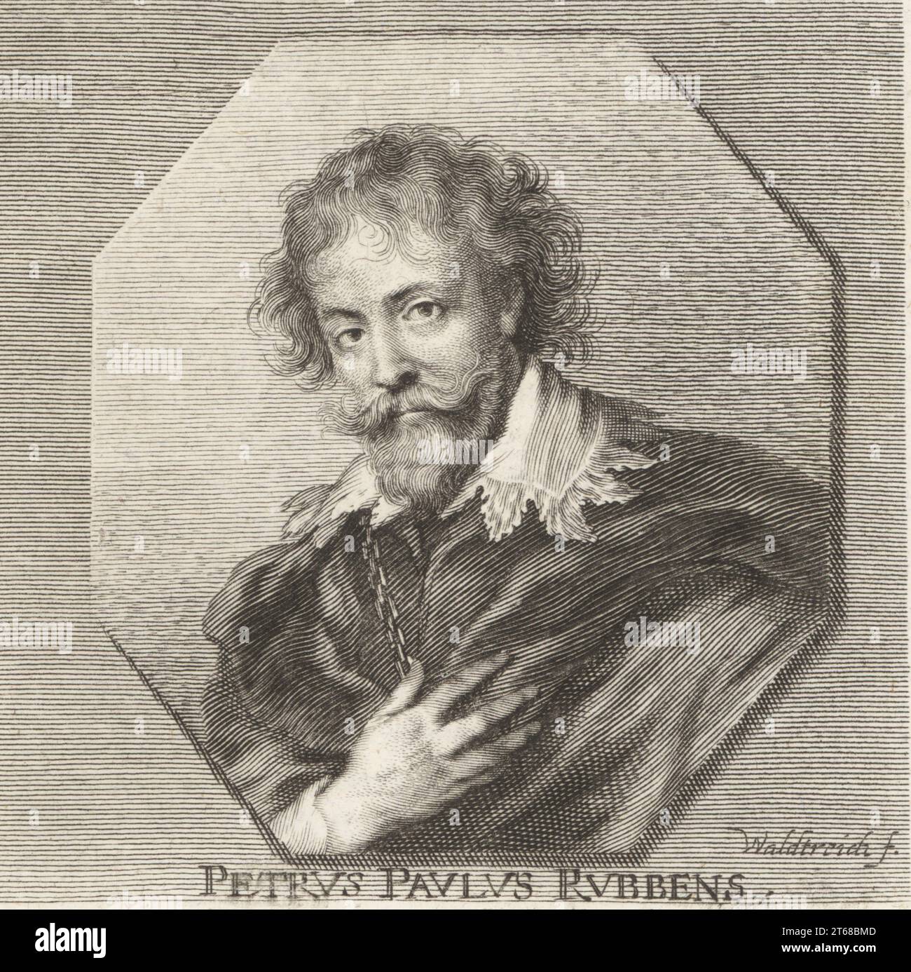 Sir Peter Paul Rubens, flämischer Künstler und Diplomat aus dem Herzogtum Brabant, 1577-1640. Der einflussreichste Künstler der flämischen Barocktradition. Petrus Paulus Rubbens. Kupferstich von Johann Georg Waldreich nach einer Illustration von Joachim von Sandrart aus seiner LAcademia Todesca, della Architectura, Scultura & Pittura, oder Teutsche Academie, der Edlen Bau- Bild- und Mahlerey-Kunste, Deutsche Akademie für Architektur, Skulptur und Malerei, Jacob von Sandrart, Nürnberg, 1675. Stockfoto