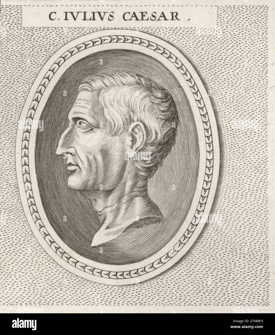 Gaius Julius Cäsar, römischer General und Staatsmann, 100-44 v. Chr. Als Mitglied des ersten Triumvirates führte Caesar die römischen Armeen in den Gallischen Kriegen, bevor er seinen politischen Rivalen Pompejus in einem Bürgerkrieg besiegte und Diktator wurde. C. Iulius Cäsar. Kupferstich nach einer Illustration von Joachim von Sandrart aus seiner LAcademia Todesca, della Architectura, Scultura & Pittura, oder Teutsche Academie, der Edlen Bau- Bild- und Mahlerey-Kunste, Deutsche Akademie für Architektur, Skulptur und Malerei, Jacob von Sandrart, Nürnberg, 1675. Stockfoto