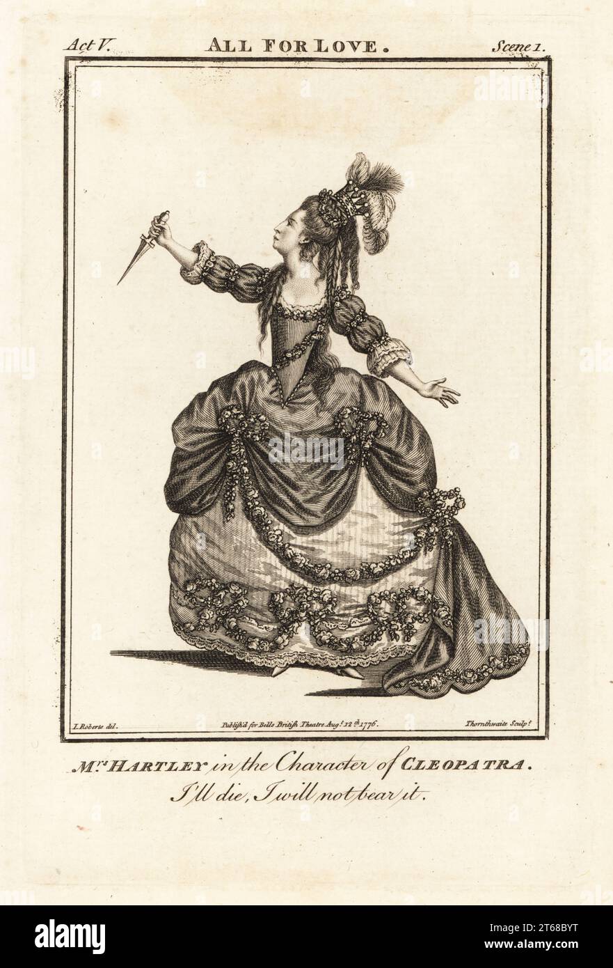 Mrs. Elizabeth Hartley in der Rolle von Cleopatra in John Drydens All for Love, Covent Garden Theatre, 1773. Elizabeth Hartley war eine berühmte Schauspielerin auf der Londoner Bühne und skandalöse Figur, 1750?1824. Kupferstich von J. Thornthwaite nach einer Illustration von James Roberts vom Bells British Theatre, bestehend aus den angesehensten englischen Theaterstücken, John Bell, London, 1776. Stockfoto