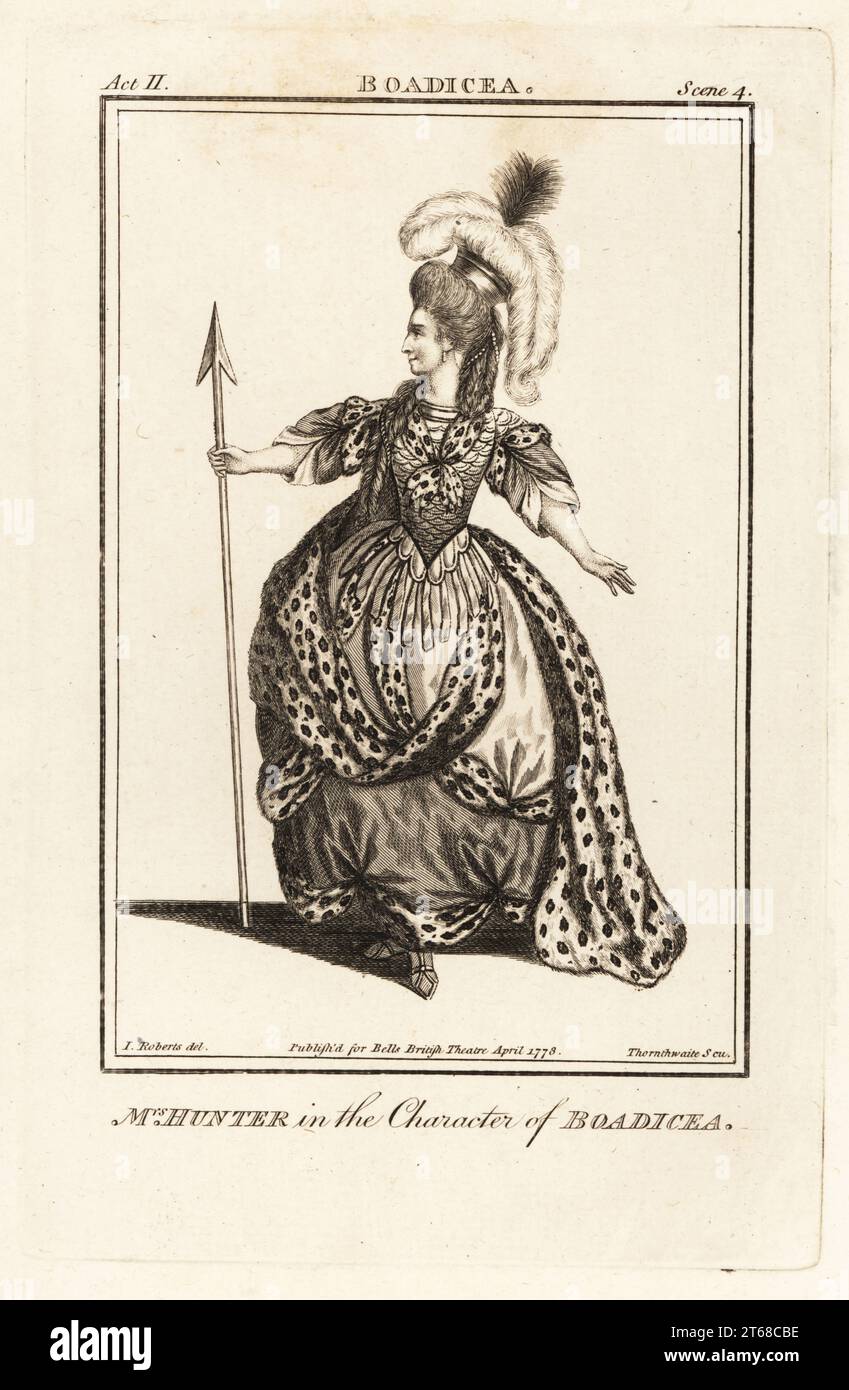 Frau Maria Hunter in der Figur von Boadicea in Richard Glovers Boadicea. Das Stück wurde jedoch während ihrer Karriere nicht in London aufgeführt. Maria Susanna Cooper, fl. 1774–1799 war eine Schauspielerin und Autorin, die in Edinburgh, London und Liverpool auftrat. Kupferstich von J. Thornthwaite nach einer Illustration von James Roberts vom Bells British Theatre, bestehend aus den angesehensten englischen Theaterstücken, John Bell, London, 1778. Stockfoto