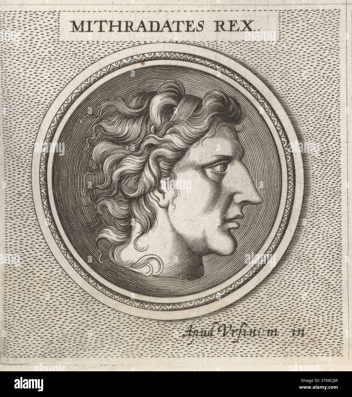 Mithridates oder Mithradates VI. Eupator, 135-63 v. Chr., Herrscher des Königreichs Pontus in Nordanatolien, Feind der Römischen Republik. Mithridates Rex. Kupferstich nach einer Illustration von Joachim von Sandrart aus seiner LAcademia Todesca, della Architectura, Scultura & Pittura, oder Teutsche Academie, der Edlen Bau- Bild- und Mahlerey-Kunste, Deutsche Akademie für Architektur, Skulptur und Malerei, Jacob von Sandrart, Nürnberg, 1675. Stockfoto