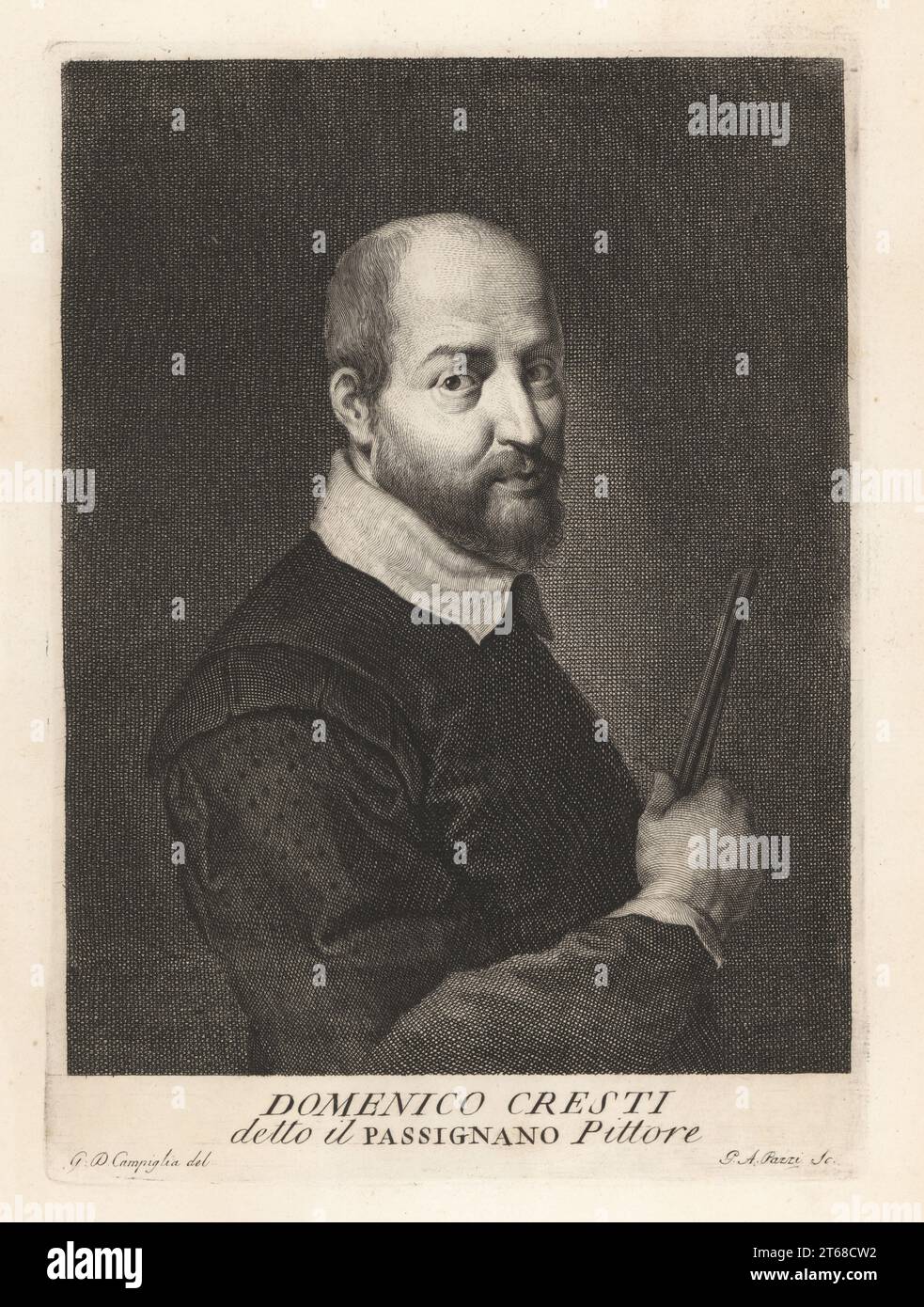 Domenico Crespi, italienischer Maler der späten Renaissance und Counter-Maniera, 1559-1638. Bekannt als Il Passignano. Abgebildet mit Farbbürsten. Pittore. Copperplate-Gravur von Pietro Antonio Pazzi nach Giovanni Domenico Campiglia nach einem Selbstportrait des Künstlers aus Francesco Moucke's Museo Florentino (Museum Florentinum), Serie di Ritratti de Pittori (Serie von Maler-Porträts) stamperia Mouckiana, Florenz, 1752-62. Stockfoto