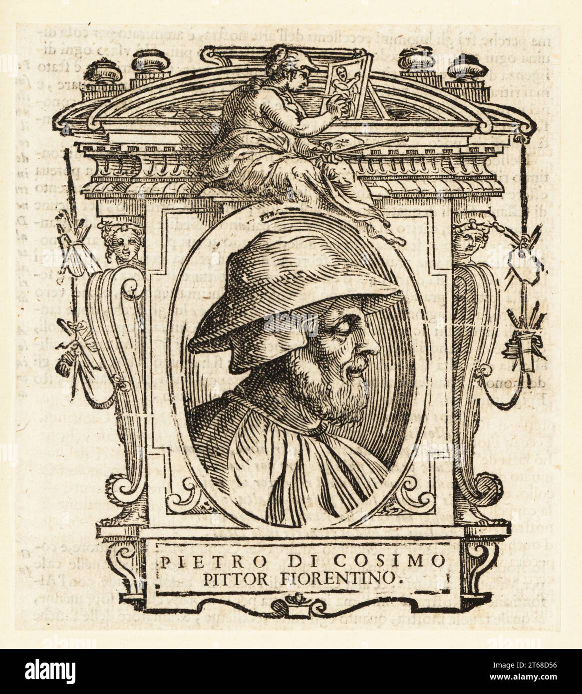 Porträt von Piero di Cosimo, auch bekannt als Piero di Lorenzo, italienischer Maler der Renaissance aus Florenz, 1462–1522. Pietro di Cosimo Pittor Fiorentino. Holzschnitt von Giorgio Vasaris Le Vite de piu eccellenti pittori, scultori, et architettori, das Leben der besten Maler, Bildhauer und Architekten, Florenz, 1678. Stockfoto