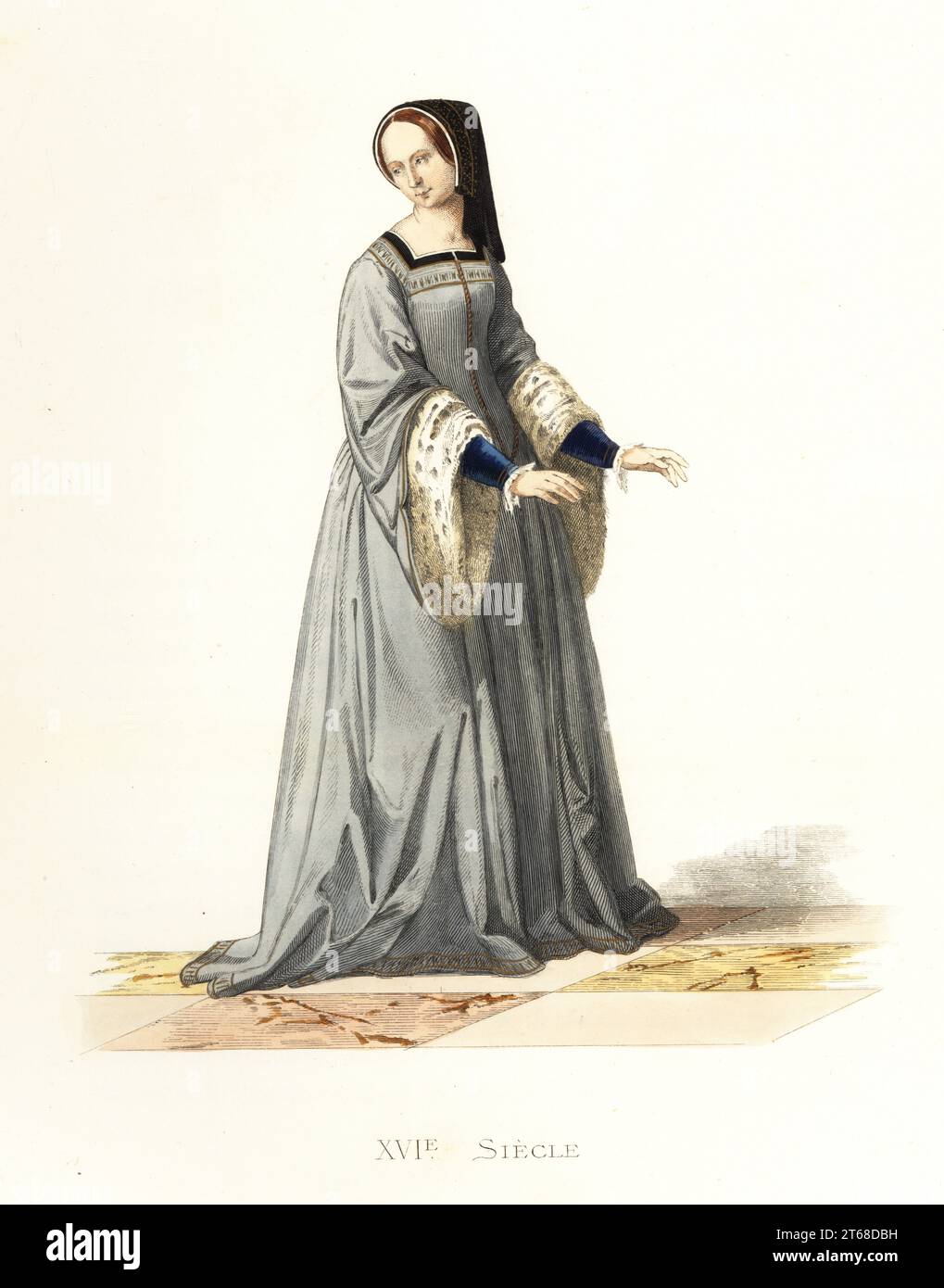 Frau im Hof von König Franz I. in schwarzer Chaperon-Kapuze, graues Kleid mit quadratischem Mieder, mit Fell gefütterte Ärmel. Dame de la Cour de Francois I. nach einer Miniatur in einem Manuskript, das Louise de Savoie angeboten wurde. Handkolorierte Lithographie nach einer Illustration von Edmond Lechevallier-Chevignard aus Georges Duplessis Costumes historiques des XVIe, XVIIe et XVIIIe siecles (Historische Kostüme des 16th., 17th. Und 18th. Jahrhunderts), Paris, 1867. Edmond Lechevallier-Chevignard war Künstler, Buchmaler und Innenarchitekt. Stockfoto