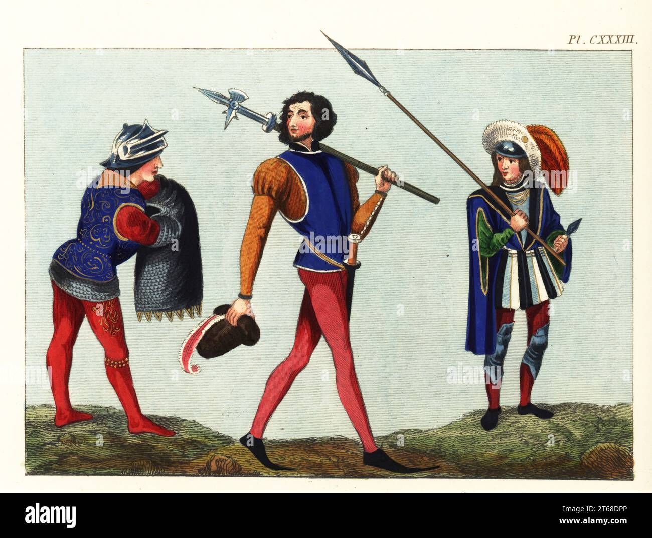 Militärische Gewohnheiten des 15. Jahrhunderts. Soldat im Helm, bestickter Tabard mit Kettenpost-Hauberk von Jehan de Wavrin, Anciennes et nouvelles chroniques d'Angleterre, Royal MS 14 E IV, Pikeman in Tabard und Schlauch aus der Romanze von Jean de Saintre, Cotton Nero MS D IX. Und Herold mit Lanze, Federkappe, Cuirass und Poleyn Knie Rüstung von Guillaume de Lorris und Jean de Meun Roman de la Rose, Harley MS 4425. Handkolorierter Stich von Joseph Strutt aus seiner vollständigen Ansicht des Kleides und der Gewohnheiten der Menschen von England, Henry Bohn, London, 1842. Stockfoto Militärische Gewohnheiten des 15. Jahrhunderts. Soldat im Helm, bestickter Tabard mit Kettenpost-Hauberk von Jehan de Wavrin, Anciennes et nouvelles chroniques d'Angleterre, Royal MS 14 E IV, Pikeman in Tabard und Schlauch aus der Romanze von Jean de Saintre, Cotton Nero MS D IX. Und Herold mit Lanze, Federkappe, Cuirass und Poleyn Knie Rüstung von Guillaume de Lorris und Jean de Meun Roman de la Rose, Harley MS 4425. Handkolorierter Stich von Joseph Strutt aus seiner vollständigen Ansicht des Kleides und der Gewohnheiten der Menschen von England, Henry Bohn, London, 1842. Stockfoto