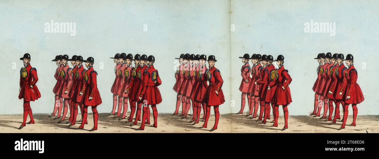 Die Königin Bargemaster des Königlichen Haushalts und 48 Wassermänner in Queen Victorias Krönungsparade. Handgefärbter Aquatinstich aus Fores' korrekter Darstellung der Staatsprozession anlässlich der August-Zeremonie der Krönung Ihrer Majestät, 28. Juni 1838, herausgegeben von Fores, Sporting and Fine Print Repository, Piccadilly, London, 1838. Stockfoto