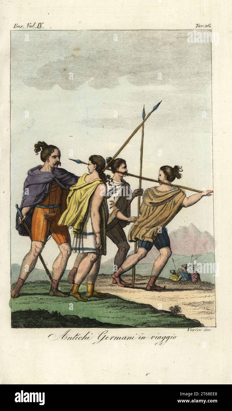 Tracht der alten germanischen Völker auf einer Reise. Sie tragen kurze Umhänge und Tuniken und tragen Speere und Schwerter. Nach Philipp Cluvers Germania Antiqua. Antichi Germani bei Viaggio. Handkolorierter Kupferstich von Verico aus Giulio Ferrarios Kostüme Alte und Moderne der Völker der Welt, Il Kostüm Antico e Moderno, Florenz, 1837. Stockfoto