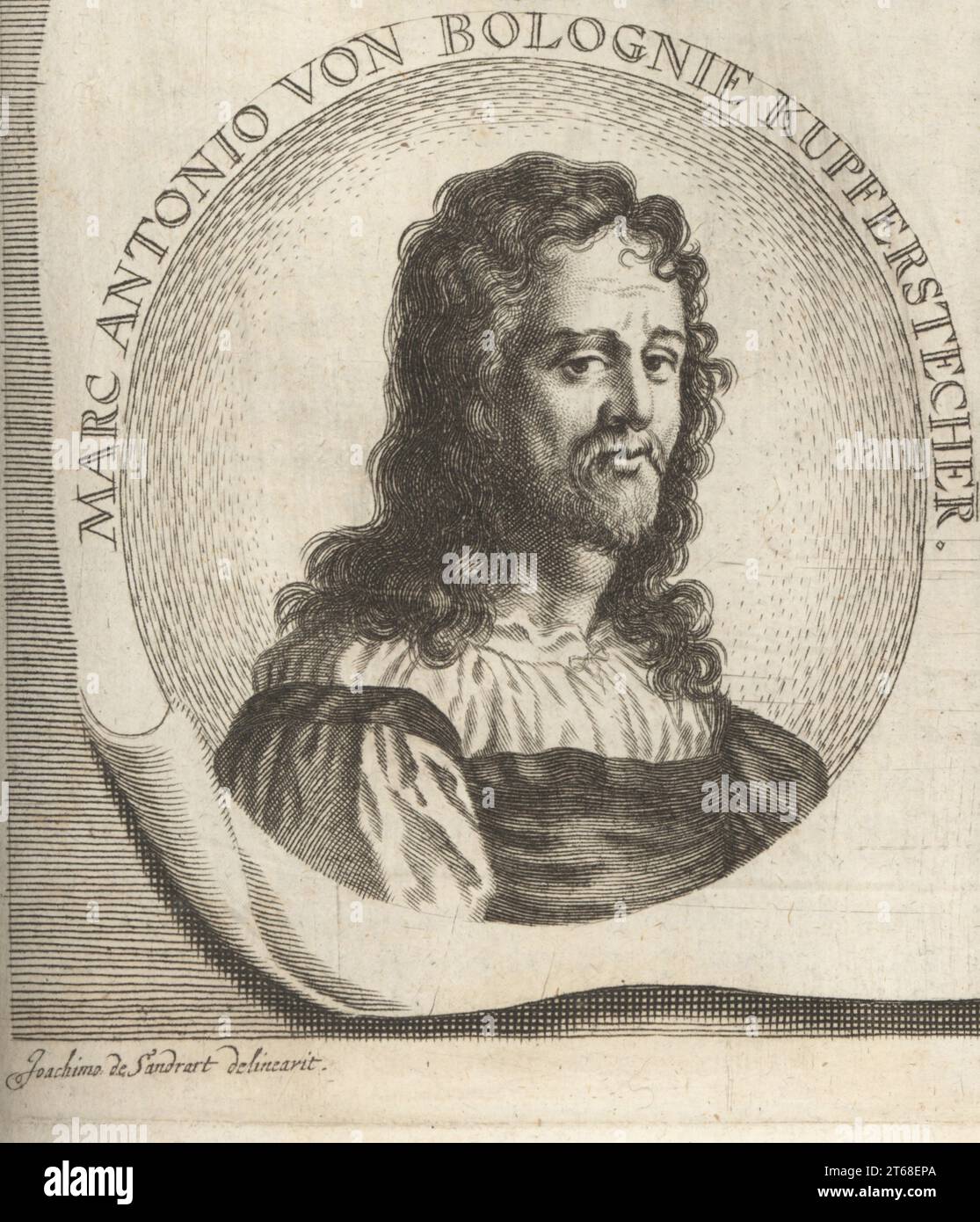 Marcantonio, geb. Marcantonio Raimondi, italienischer Kupferstecher und Druckmeister, um 1470–1534. Marc Antonio von Bolognie Kupferstecher. Kupferstich von Jacob von Sandrart nach einer Illustration von Joachim von Sandrart aus seiner LAcademia Todesca, della Architectura, Scultura & Pittura, oder Teutsche Academie, der Edlen Bau- Bild- und Mahlerey-Kunste, Deutsche Akademie für Architektur, Skulptur und Malerei, Jacob von Sandrart, Nürnberg, 1675. Stockfoto