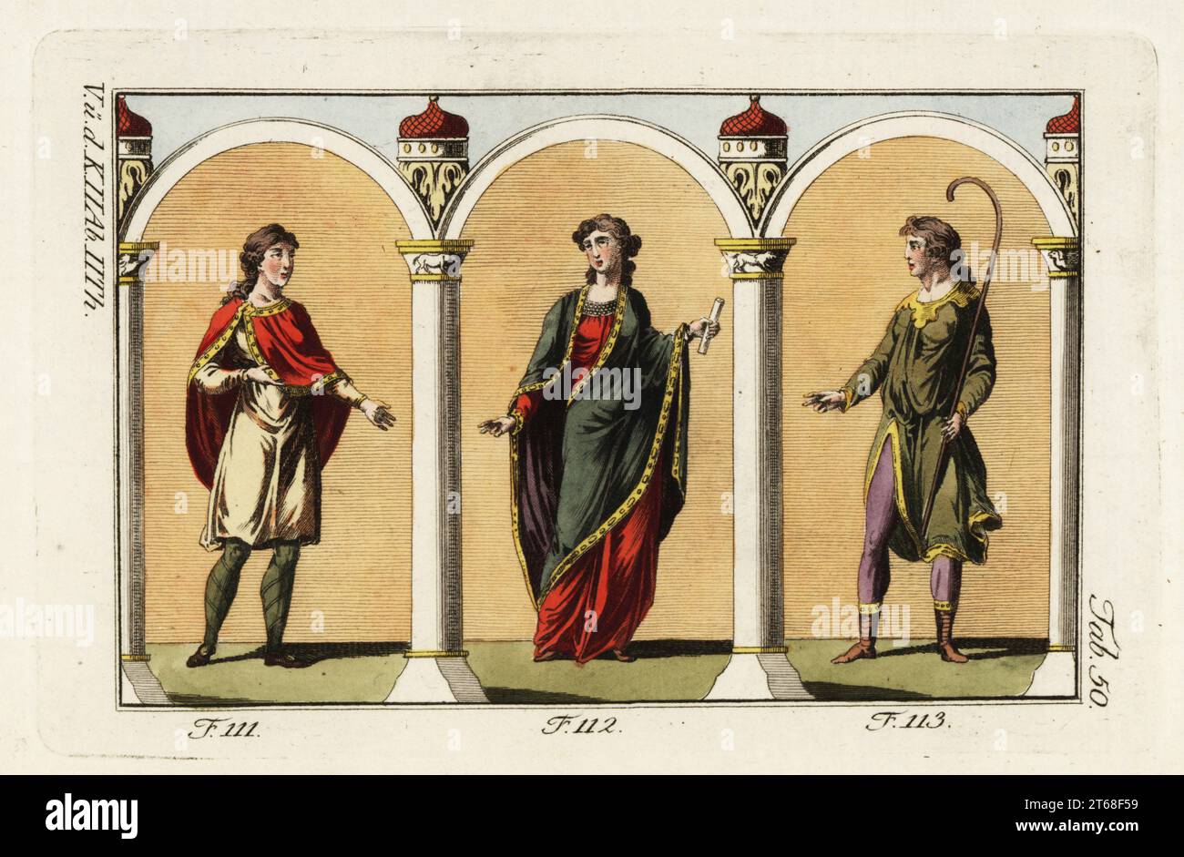 Normannische Adlige des 12. Jahrhunderts. Die Kegeln der Könige und des Adels waren sehr lang, manchmal so lang, um auf dem Boden zu trainieren. Bei anderen Gelegenheiten fielen sie bis zur Mittelschenkel 111, 112. Menschen aller Ränge und Status in der Gesellschaft, der Klerus und die Laien, in der Regel trug Stiefel, vor allem zum Reiten Pferde. Sie waren gewöhnlich sehr kurz und stiegen nur bis zur Mitte des Kalbes. Manchmal wurden sie 113 gestickt. Handkolorierter Kupferstich aus Robert von Spalarts historischem Bild der Kostüme der Hauptleute der Antike und des Mittelalters, Wien, 1802. Stockfoto