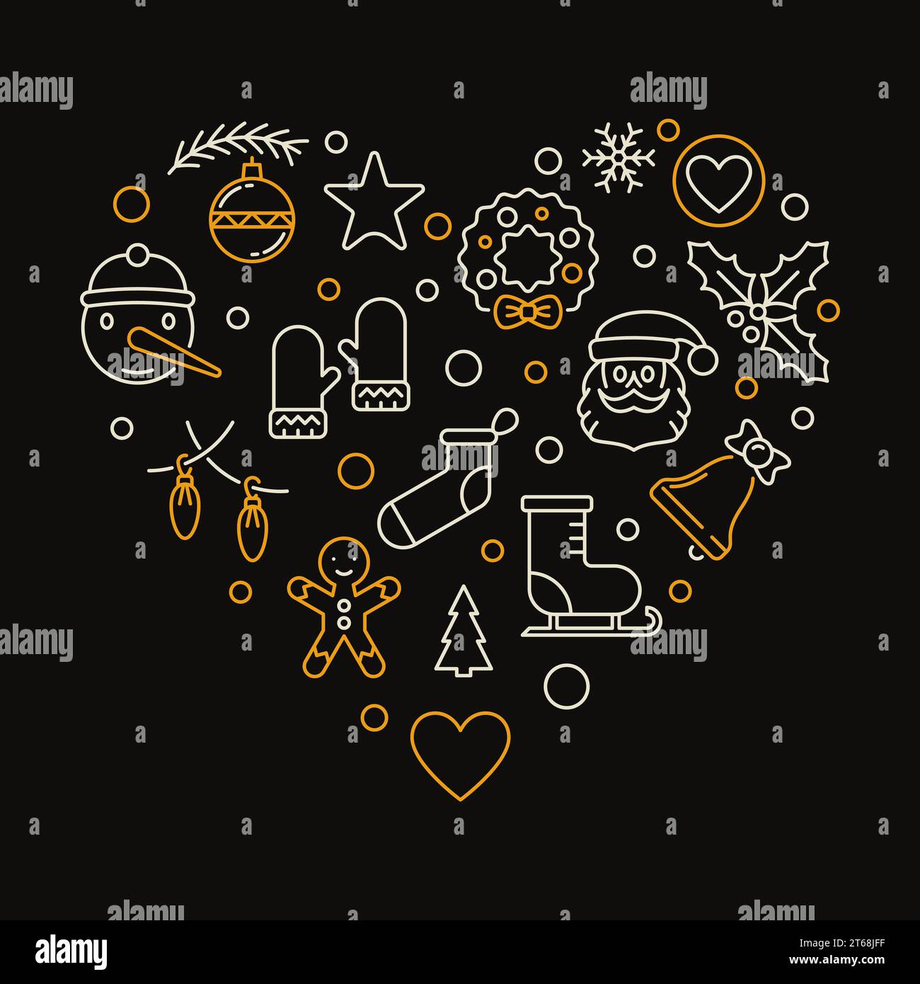 Das Herz von Weihnachten und Neujahr zeigt Symbole. Vektor Frohe Weihnachten kreative Illustration in dünner Linie Stil auf dunklem Hintergrund Stock Vektor