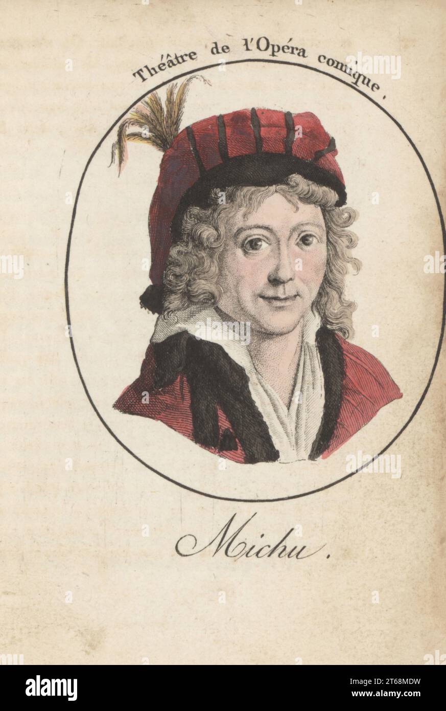 Louis Michu, französischer Schauspieler, Sänger und Musiker, der am Theater Italien, später an der Opera Comique, 1754-1801, auftrat. Ertrunken in der seine im Jahr 1801. Michu. Theatre de l'Opera Comique. Handkolorierter Kupferstich nach Jacques Grasset Saint-Sauveur von Acteurs et Actrices Cebres, berühmten Schauspielern und Schauspielerinnen, Le Caliz Latour Libraire, Paris, 1808. Stockfoto