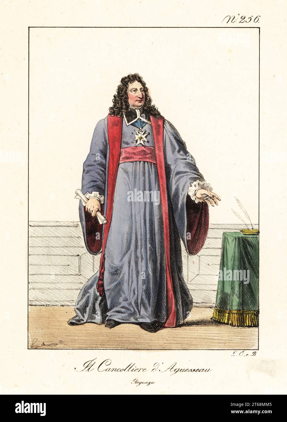 Henri Francois d’Aguesseau, 1668–1751, dreimal Kanzler von Frankreich zwischen 1717 und 1750 während der Regentschaft von Philippe II., Herzog von Orleans, und später unter König Ludwig XV. Le Chancelier d'Aguesseau. Regence. Handkolorierte Lithographie von Lorenzo Bianchi und Domenico Cuciniello nach Hippolyte Lecomte aus Costumi civili e militari della monarchia francese dal 1200 al 1820, Neapel, 1825. Italienische Ausgabe der Lecomtes Zivil- und Militärkostüme der französischen Monarchie von 1200 bis 1820. Stockfoto