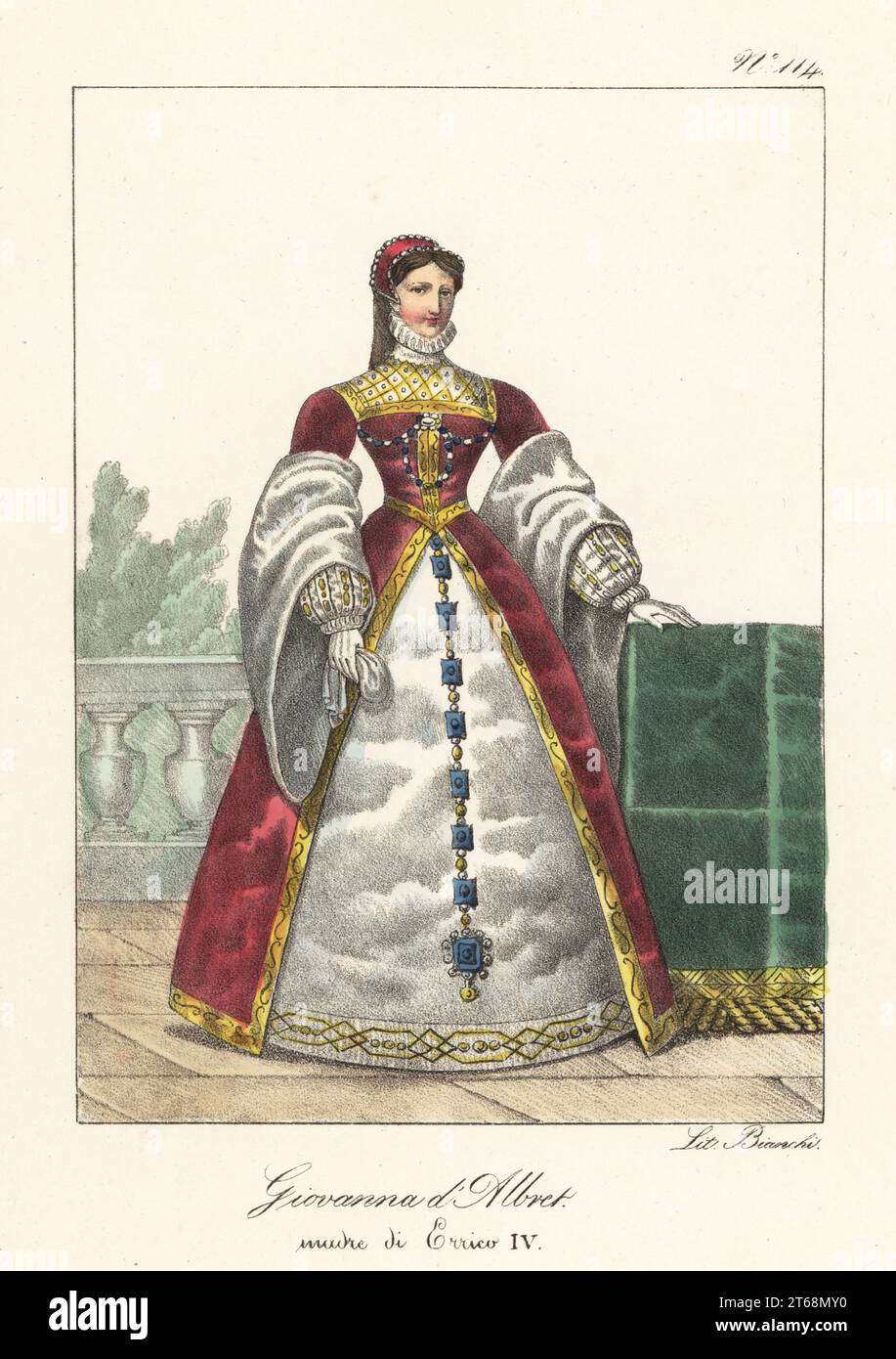 Jeanne d’Albret, 1528–1572, Jeanne III., Königin von Navarra, Mutter von König Heinrich IV. Von Frankreich. Mit Kopfbedeckung, Rüschen, Kleid mit durchgehenden Ärmeln mit Pelzfutter, mit Schmucksteinen besetztem Oberteil und besticktem Unterrock. Nach einem Porträt in Roger de Gaignieres Galerie-Portfolio IX 17. Jeanne d'Albret. Mere d'Henry IV Handkolorierte Lithographie von Lorenzo Bianchi nach Hippolyte Lecomte aus Costumi civili e militari della monarchia francese dal 1200 al 1820, Neapel, 1825. Italienische Ausgabe der Lecomtes Zivil- und Militärkostüme der französischen Monarchie von 1200 bis 1820. Stockfoto