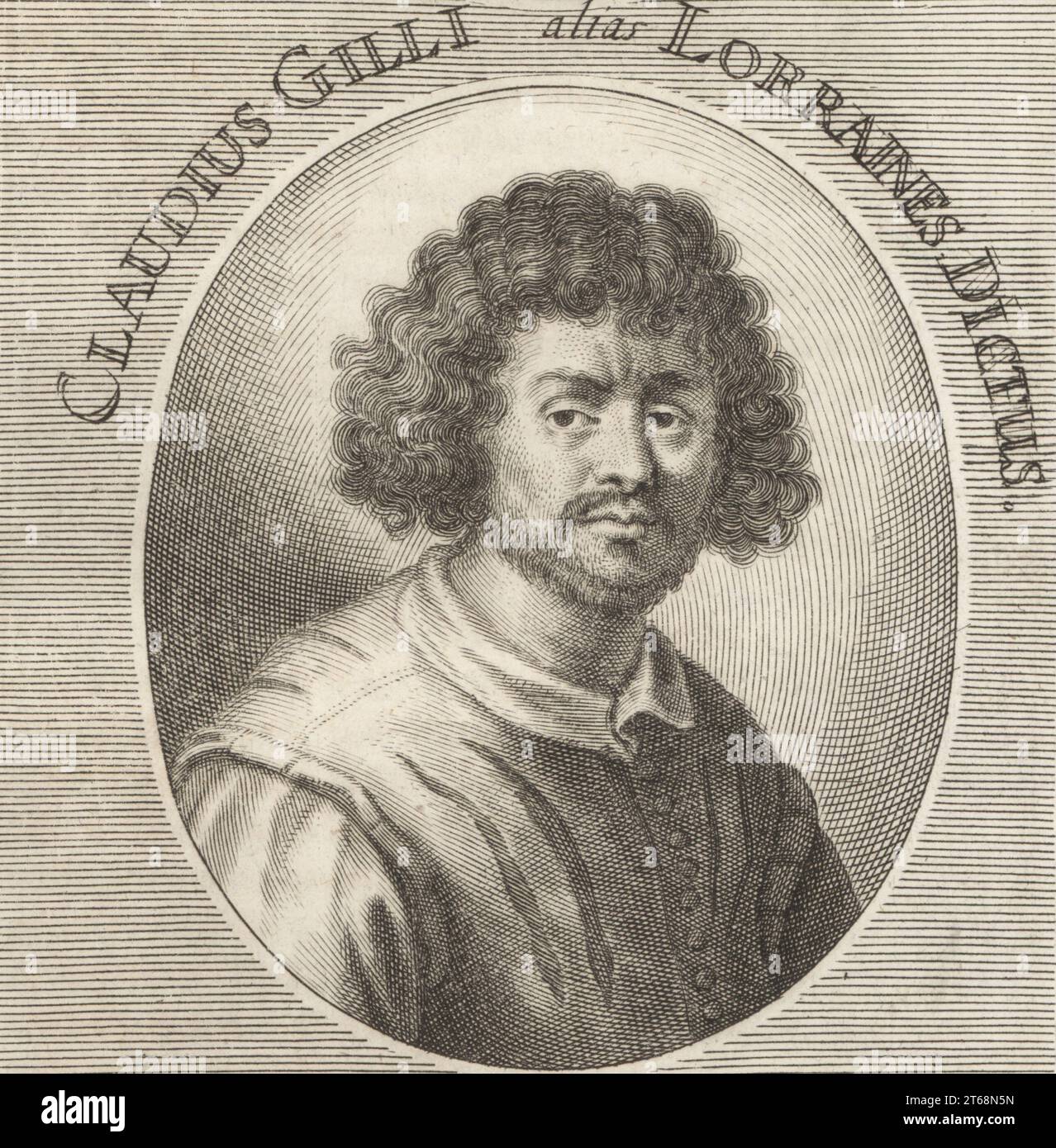 Claude Lorrain, französischer Maler, Zeichner und Radierer des Barock, um 1600–1682. Geboren Claude Gellee, bekannt als Le Lorrain aus seinem Geburtsort. Claudius Gilli alias Lorraines dictus. Kupferstich von Richard Collin nach einer Illustration von Joachim von Sandrart aus seiner LAcademia Todesca, della Architectura, Scultura & Pittura, oder Teutsche Academie, der Edlen Bau- Bild- und Mahlerey-Kunste, Deutsche Akademie für Architektur, Skulptur und Malerei, Jacob von Sandrart, Nürnberg, 1675. Stockfoto