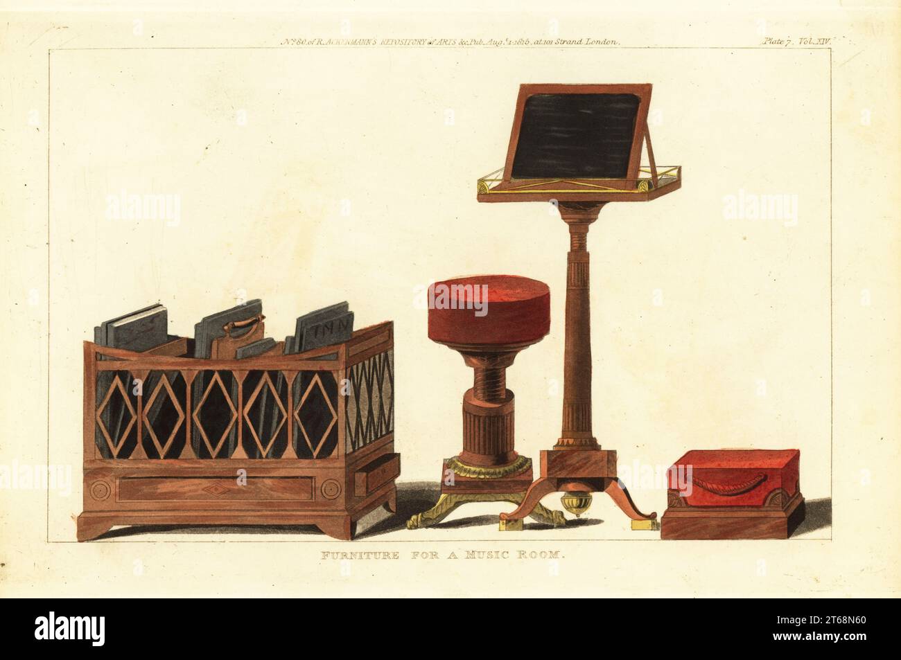 Ordonnateur oder Organizer für Partituren, Hocker, Notenständer und Fußstütze in einem passenden Stil. Möbel für ein Musikzimmer, 1815. Handkolorierter Kupferstich aus dem Upholsterer's and Cabinet-Maker's Repository, bestehend aus sechsundsiebzig Entwürfen moderner und modischer Möbel, Rudolph Ackermann, London, 1830. Stockfoto