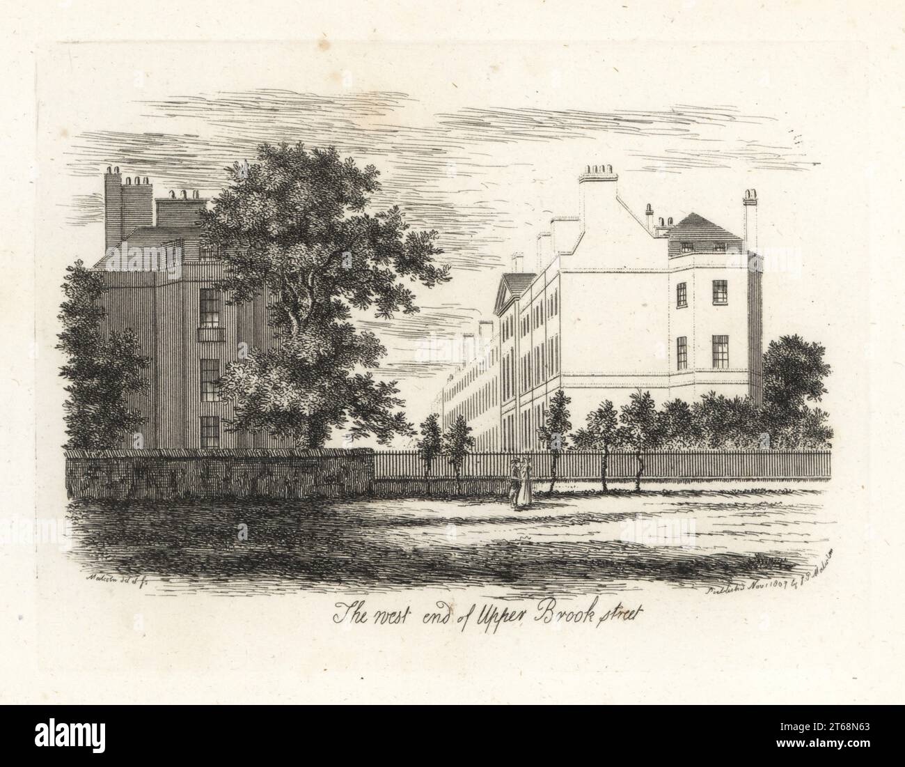 Das westliche Ende der Upper Brook Street, London, 1807. Neoklassizistische Terrassen von den Feldern des Hyde Park in Richtung Grosvenor Square. Kupferstich gezeichnet und gestochen von James Peller Malcolm aus seinen Anekdoten der Manners and Customs of London im 18. Jahrhundert, Longman, Hurst, London, 1808. Malcolm (1767-1815) war ein amerikanisch-englischer Topograph und Kupferstecher, Fellow der Society of Antiquaries. Stockfoto