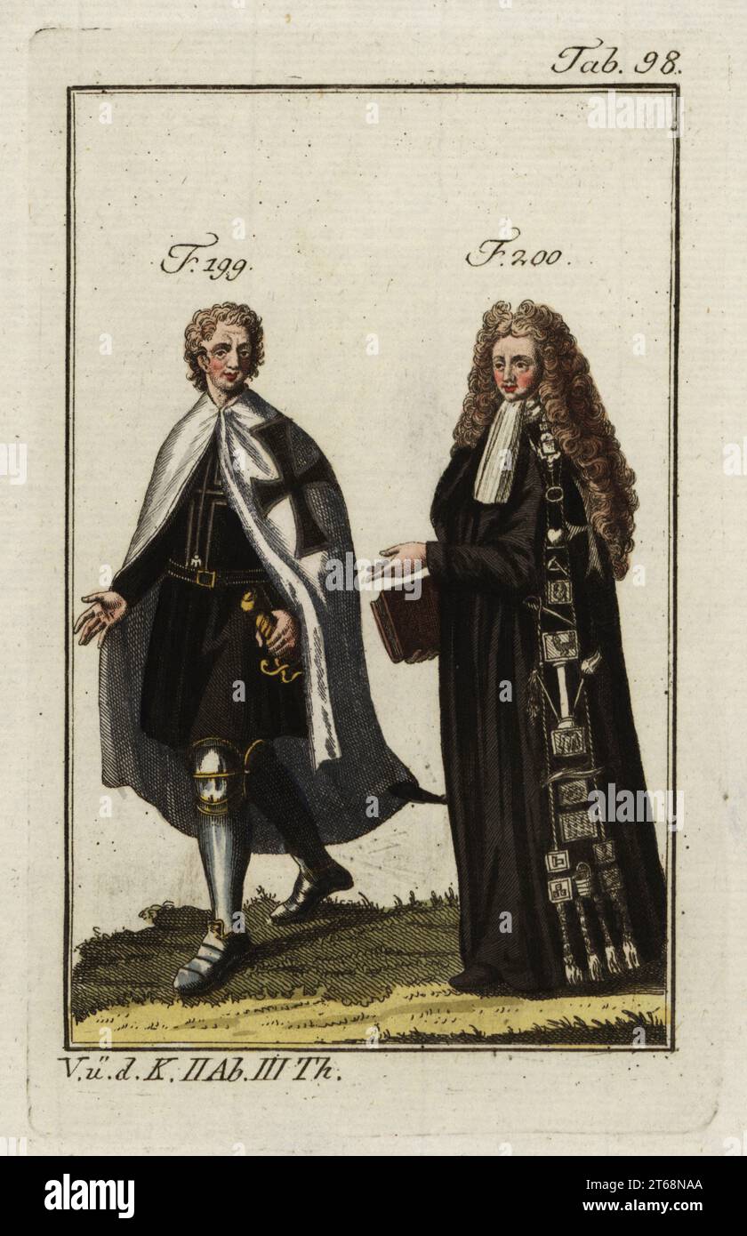 Ein deutscher Ritter in kap und Tunika über Rüstung 199 und ein Ritter von Malta in zeremoniellen Gewändern und Perücke für die Gelübde 200. Kopiert nach einer Illustration von Christoph Weigel in Philipp Bonannis Ritter-Ordern, 1728. Handkolorierter Kupferstich aus Robert von Spalarts historischem Bild der Kostüme der Hauptmenschen der Antike und des Mittelalters, Wien, 1802. Stockfoto