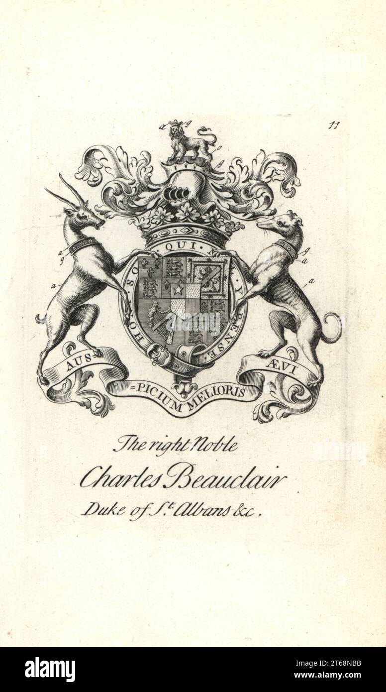 Wappen und Wappen des rechten Adels Charles Beauclerk, 1. Duke of St Albans, 1670-1726. Charles Beauclair, Herzog von St. Albans, Kupferstich von Andrew Johnston nach C. Gardiner aus Notitia Anglicana, Shewing the Achievement of all the English Ability, Andrew Johnson, The Strand, London, 1724. Stockfoto