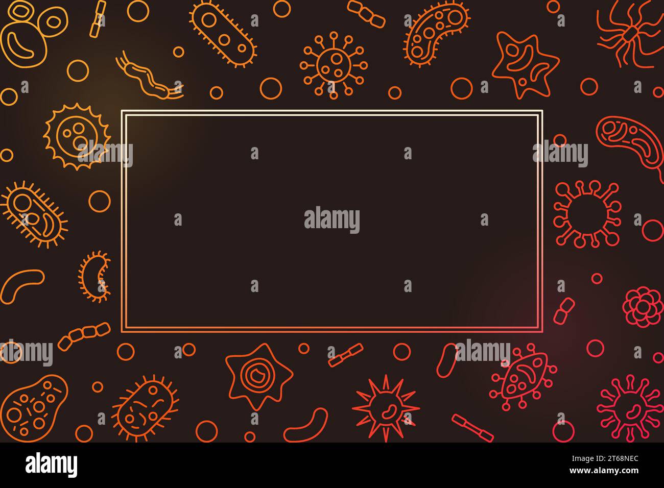 Heller horizontaler Rahmen mit Symbolen für Mikroorganismen. Vektorvirologie-Illustration in linearer Form auf dunklem Hintergrund Stock Vektor