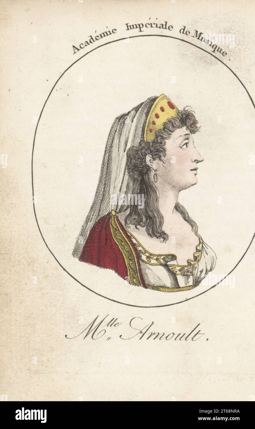 Madeleine-Sophie Arnould, französische Schauspielerin und Opernsopranistin, 1740-1802. Bisexuelle, zu deren skandalösen Liebesbeziehungen Louis-Leon de Brancas, Paul Barras, Fanny Raucourt, Madame de Villeroy und viele andere gehörten. Mlle Arnoult. Academie Imperiale de Musique. Handkolorierter Kupferstich nach Jacques Grasset Saint-Sauveur von Acteurs et Actrices Cebres, berühmten Schauspielern und Schauspielerinnen, Le Caliz Latour Libraire, Paris, 1808. Stockfoto