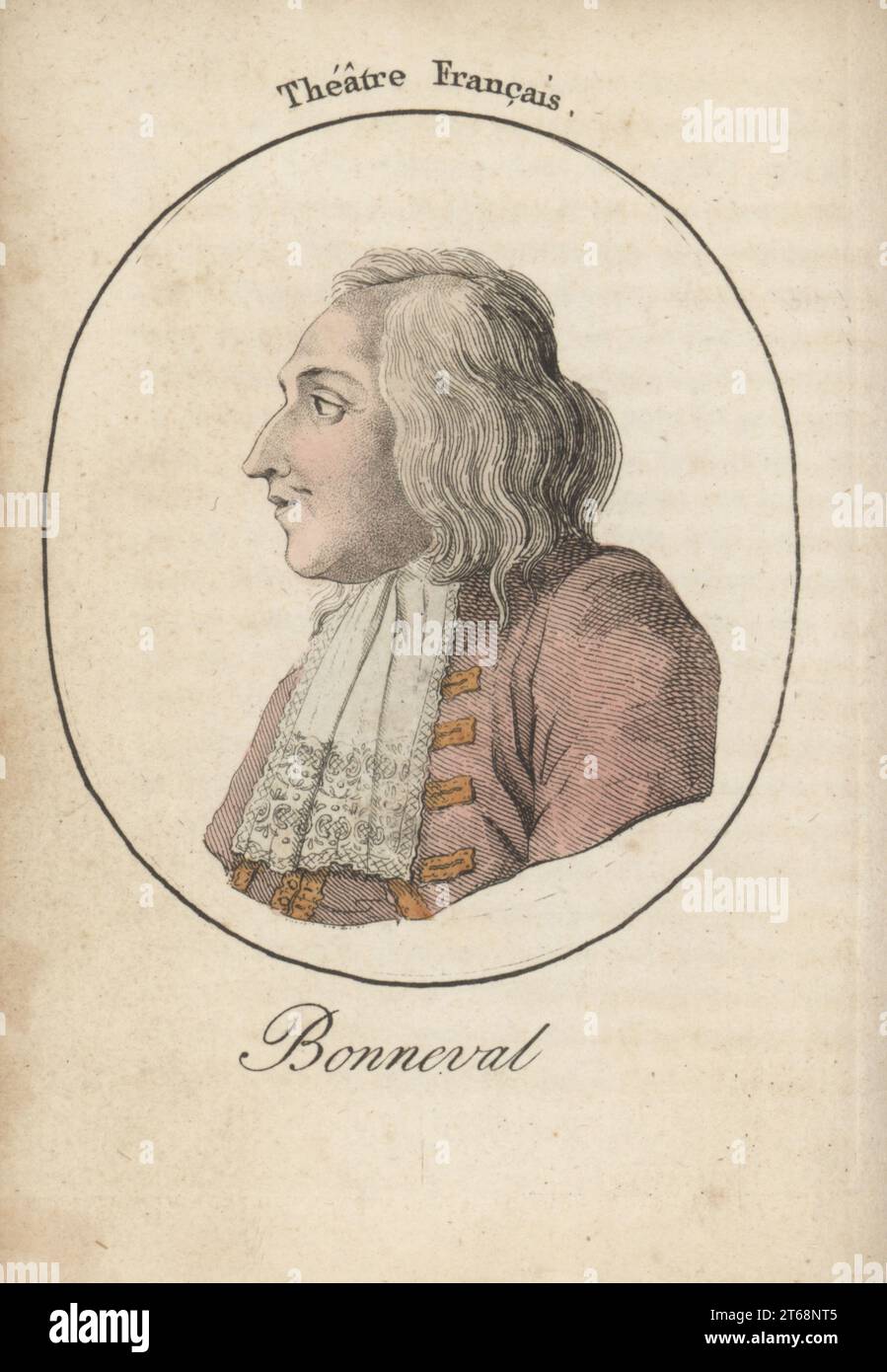 Jean-Baptiste Jacques Gimat de Bonneval, französischer Schauspieler, debütierte 1741 in Tartuffe bei der Comedie-Francais, 1711-1783. Auch ein Schriftsteller. Bonneval. Theater Francais. Handkolorierter Kupferstich nach Jacques Grasset Saint-Sauveur von Acteurs et Actrices Cebres, berühmten Schauspielern und Schauspielerinnen, Le Caliz Latour Libraire, Paris, 1808. Stockfoto