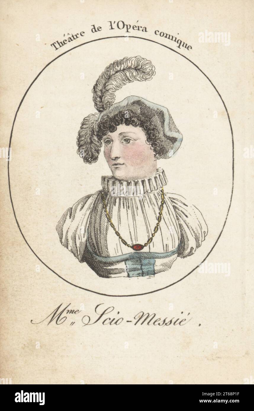 Julie-Angelique Scio-Messie, französische Sopranistin, Opernsängerin, 1768-1807. Madame Scio, heiratete Messié im Jahr 1802. Frau Scio-Messié. Theater de l'Opera comique. Handkolorierter Kupferstich nach Jacques Grasset Saint-Sauveur von Acteurs et Actrices Cebres, berühmten Schauspielern und Schauspielerinnen, Le Caliz Latour Libraire, Paris, 1808. Stockfoto
