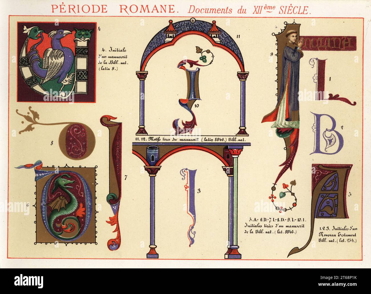 Initialen mit Vogel, Drache, Mönch, Gestaltungselemente und Rahmen aus Dokumenten der römischen Zeit, 12. Jahrhundert. Aus einem Neuen Testament, dem Großen Canterbury Psalter, lateinischen Manuskripten usw. Periode Romane. Dokumente du XIIeme Siecle. 1-3 Nouveau Testament Latin 254, 4 Manuskrit Latin 8, Bib. NAT., 5-12 Manuskrit Latin 8846. Chromolithograph entworfen und lithographisch von Ernst Guillot aus Elements dOrnementation pour lEnluminure (Elements of Ornamentation for Illumination), Renouard, Paris, 1890. Stockfoto