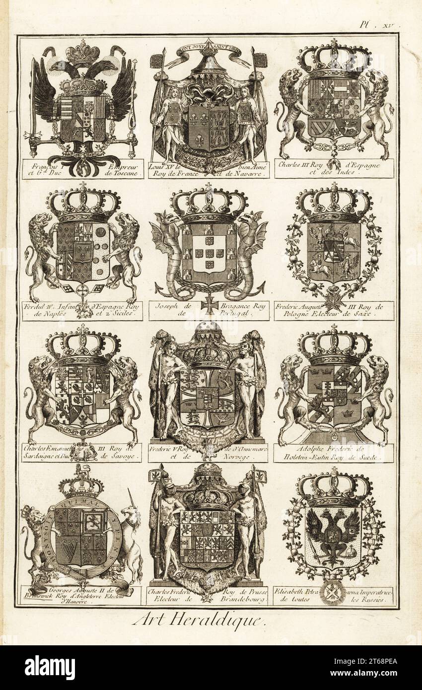 Wappen mit Wappen und Unterstützern von Königen, Königinnen und Kaisern. Wappen des Kaisers Franz I., König Ludwig XV. Von Frankreich, Karl III. Von Spanien, Joseph von Portugal, Karl Emanuel III. Von Sardinien, Elisabeth Petrowna von Russland, Georg II. Von England, Karl Friedrich von Preußen. Kupferstich von Robert Benard aus Blason ou Art Heraldique, der Heraldik-Sektion von Denis Diderot und Jean-Baptiste le Rond dAlemberts Encyclopedie, veröffentlicht von Brisson, David, Le Breton und Durand, Paris, 1763. Stockfoto