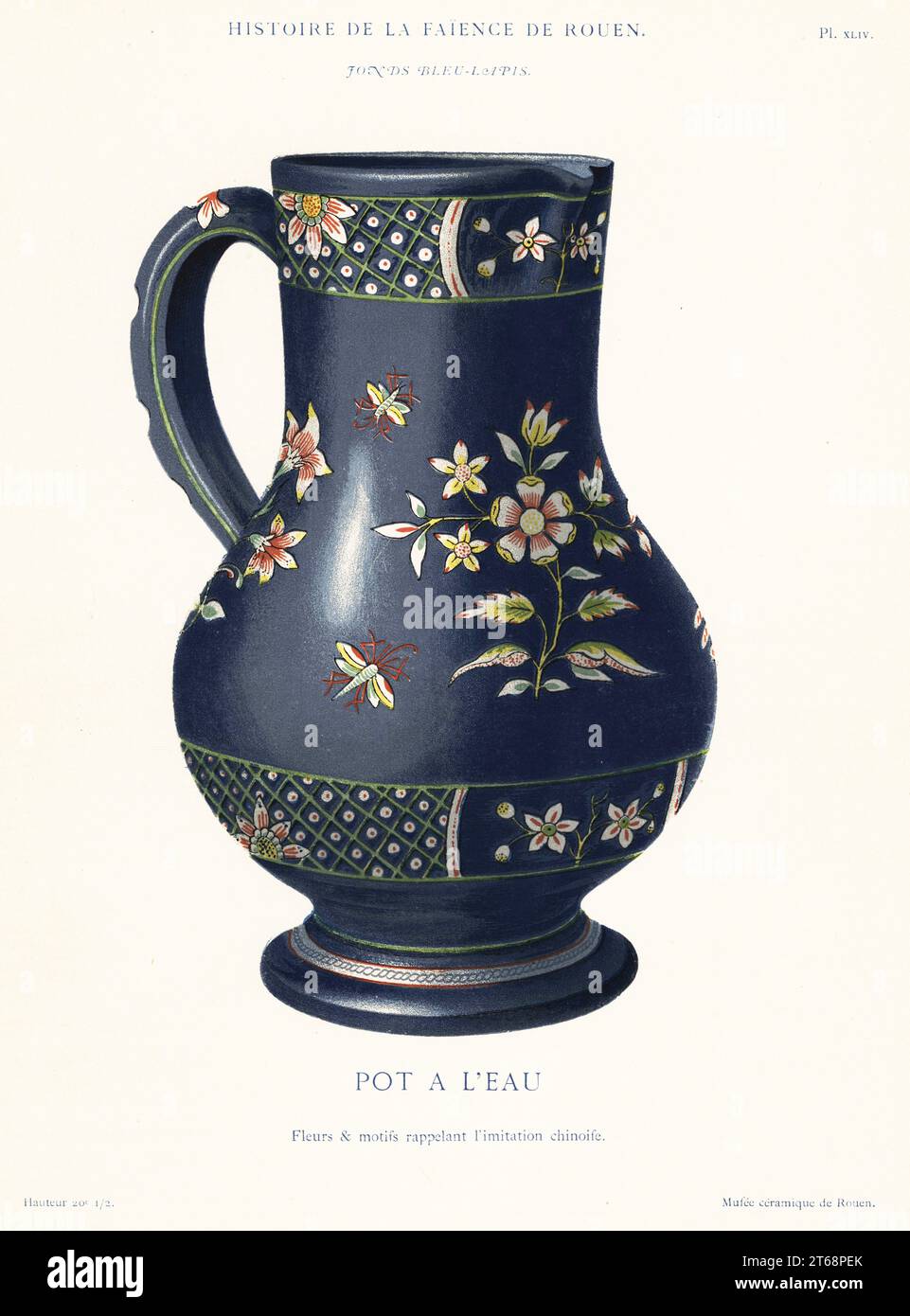 Wasserkrug im chinesischen Imitat-Stil, blauer Lapisboden, Rouen. Pot a l'Eau, Fleurs und Motive rappelant l'Imitation Chinoise. Fonds Bleu-Lapis. Chromolithographie nach einer Illustration von Emilie Pottier aus Andre Pottiers Histoire de la Faience de Rouen, Auguste le Brurent, Rouen, 1870. Stockfoto