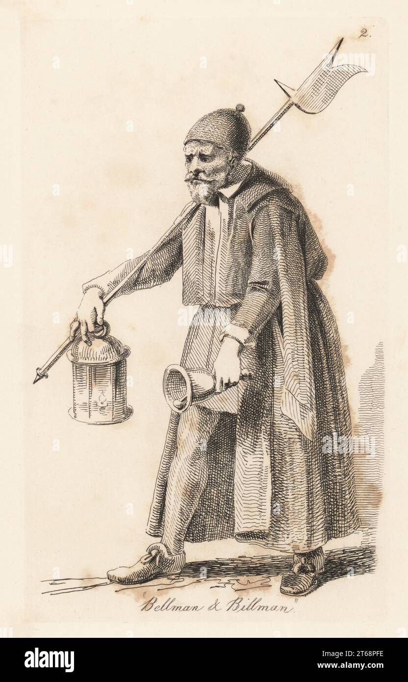 Londoner Wächter, Portier und Billman. In Mütze, tolles Fell über Dublett, mit Laterne, Glocke und Karabinerhaken. Aus Henry Overtons Trades and Callings 1670s, Restaurationszeit von König Charles II. Kupferstich gezeichnet und gestochen von John Thomas Smith aus seinem eigenen The Cries of London, oder Vagabondiana 2, herausgegeben von Francis Douce, John Bowyer Nichols, London, 1839. Stockfoto