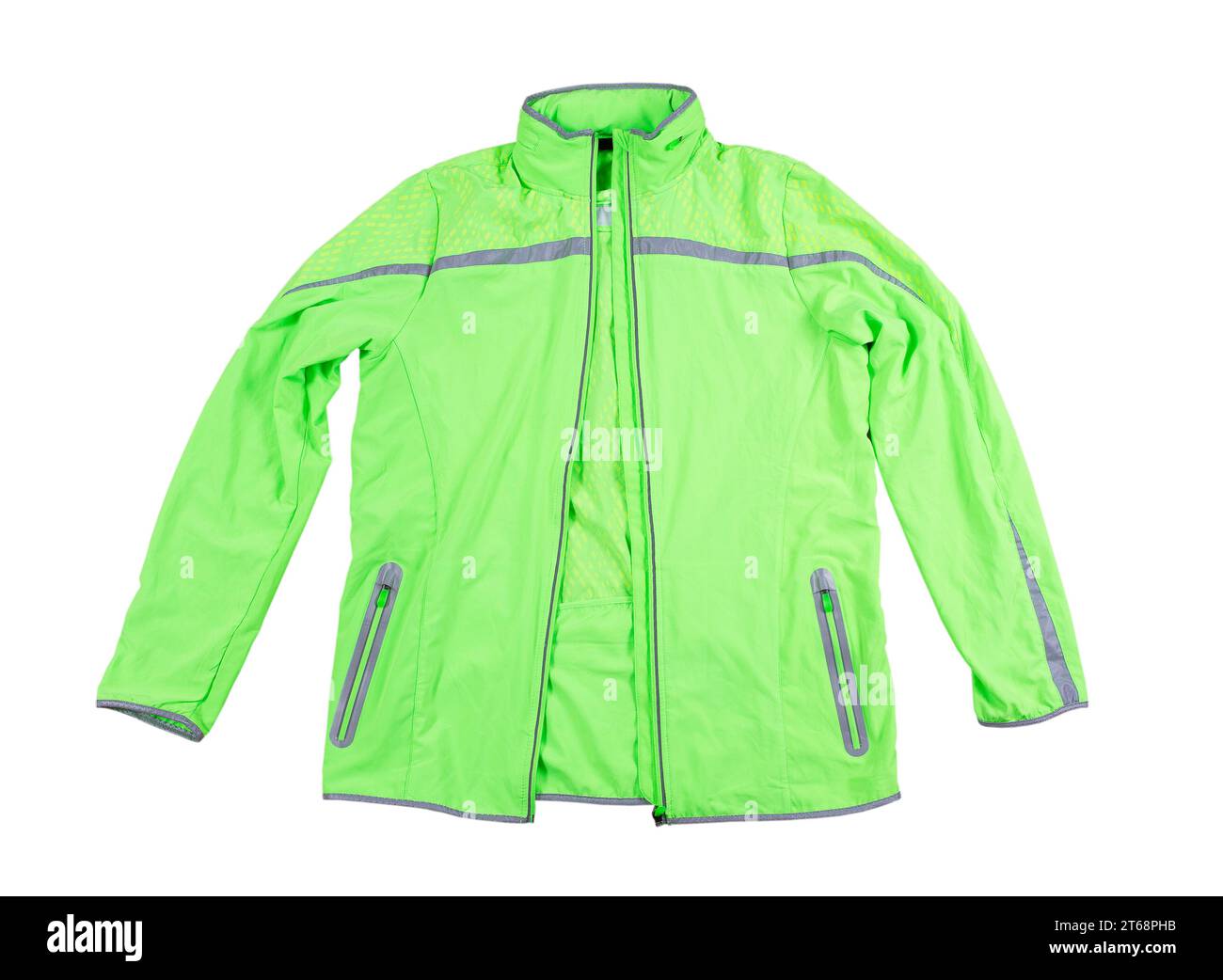 Sportjacke isolierte, grüne Jacke zum Laufen oder Radfahren auf weißem Hintergrund - Reflektoren auf der Jacke Stockfoto