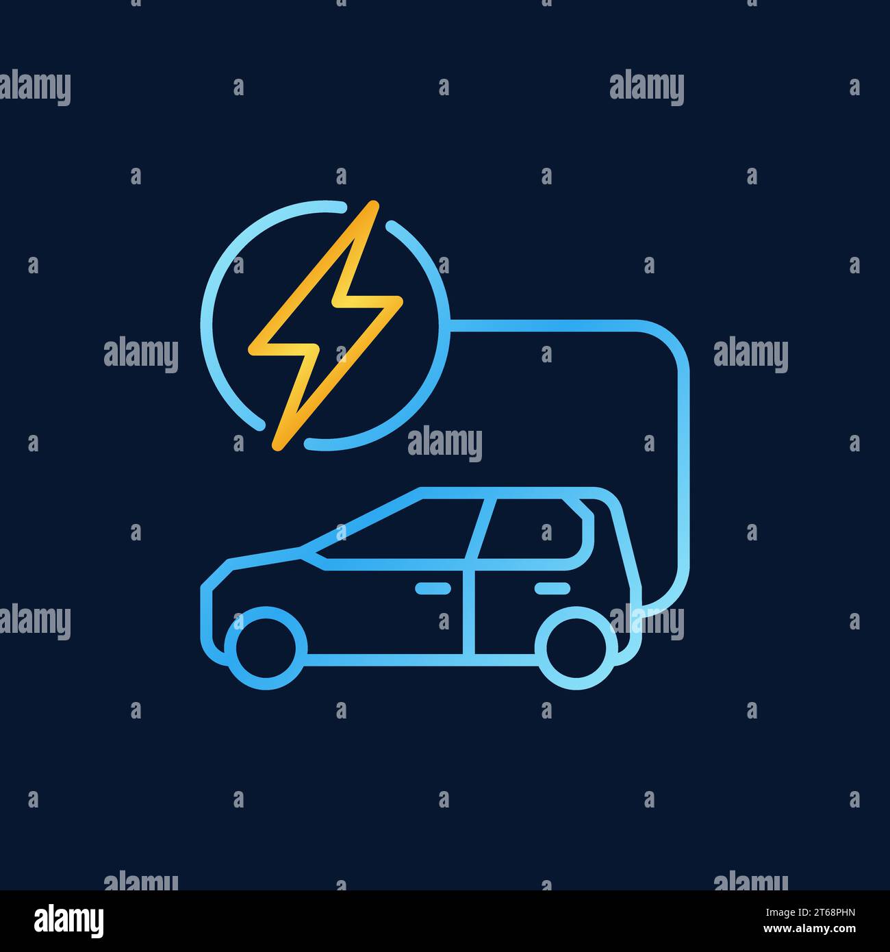 Blaues Elektroauto mit goldenem Blitzvektor-Umrisssymbol oder Logo-Element auf dunklem Hintergrund Stock Vektor