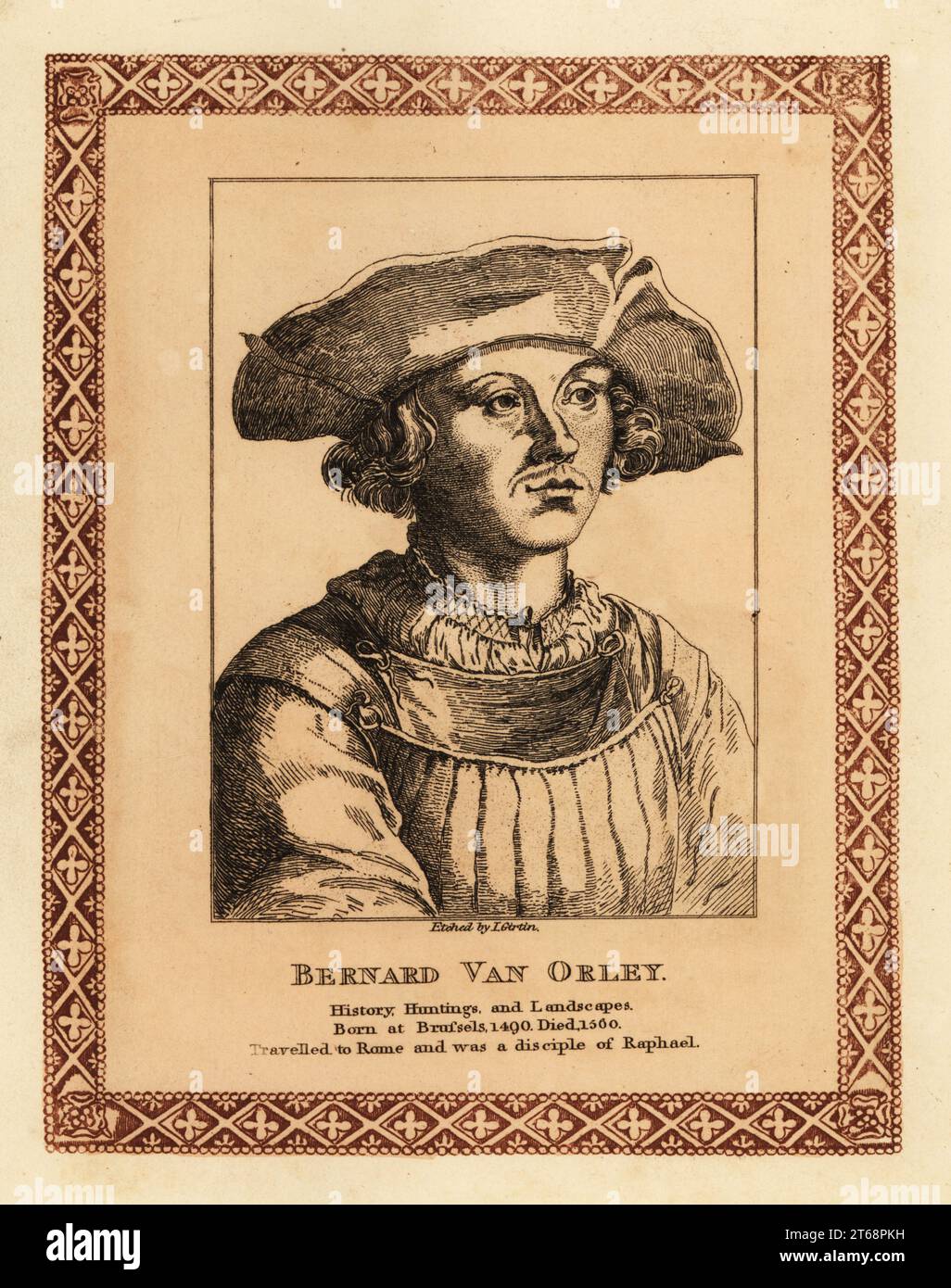 Bernard van Orley, 1487–1541, flämischer Künstler und Vertreter der niederländischen und flämischen Renaissance-Malerei, ebenfalls Designer von Wandteppichen und Buntglas. Geschichte, Jagd- und Landschaftsmaler, Schüler von Raphael. Getönte Ätzung innerhalb einer dekorativen Grenze von John Girtin nach einem Selbstporträt von van Orley aus John Girtins fünfundsiebzig Porträts berühmter Maler aus Authentic Originals, J. MCreery, London, 1817. Stockfoto Bernard van Orley, 1487–1541, flämischer Künstler und Vertreter der niederländischen und flämischen Renaissance-Malerei, ebenfalls Designer von Wandteppichen und Buntglas. Geschichte, Jagd- und Landschaftsmaler, Schüler von Raphael. Getönte Ätzung innerhalb einer dekorativen Grenze von John Girtin nach einem Selbstporträt von van Orley aus John Girtins fünfundsiebzig Porträts berühmter Maler aus Authentic Originals, J. MCreery, London, 1817. Stockfoto