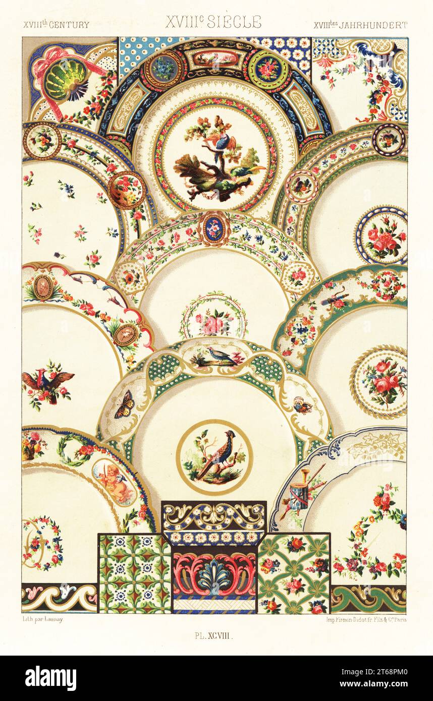 Gemälde auf Sevres Porzellan, 18. Jahrhundert. Platte von den Vögeln von Buffon und anderen Dienstleistungen, Ecken, Gelände und Grenzen von Tabletts. XVIIIme Siecle. Handgefertigte Chromolithographie von Launay von Albert-Charles-Auguste Racinets LOrnement polychrome, (polychromatisches Ornament), Firmin-Didot, Paris, 1869-73. Stockfoto
