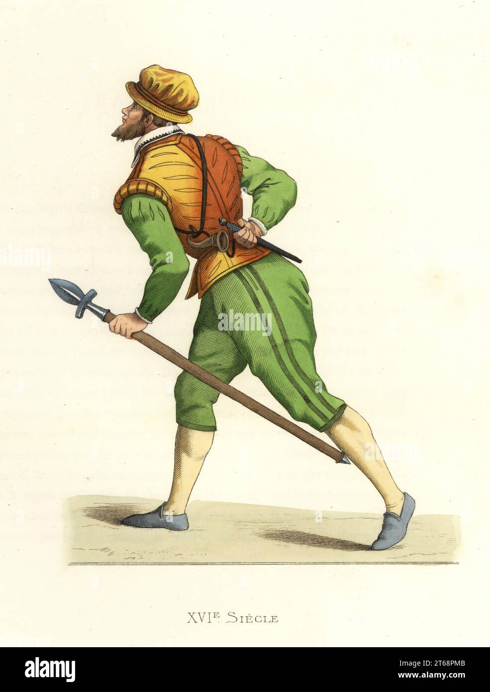 Französischer Jäger mit Speer, 16th Jahrhundert. In gestromtem Buff-Doublet oder Pourpoint, gestromtem grünem Blazer und Hosen, schwarzen Filz-Pantoffeln. Ein Horn hängt an einer Schnur. Nach einem handkolorierten Holzschnitt. Handkolorierte Lithographie nach einer Illustration von Edmond Lechevallier-Chevignard aus Georges Duplessis Costumes historiques des XVIe, XVIIe et XVIIIe siecles (Historische Kostüme des 16th., 17th. Und 18th. Jahrhunderts), Paris, 1867. Edmond Lechevallier-Chevignard war Künstler, Buchmaler und Innenarchitekt. Stockfoto