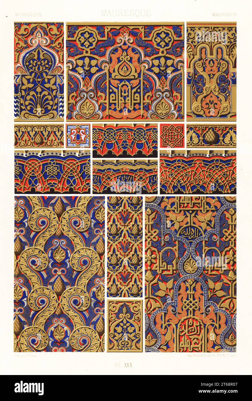 Maurische Kunst: Architektonische Dekoration. Muster von Grenzen und Wanddekorationen aus der Alhambra, Granada, Spanien. Mauresque. Handgefertigte Chromolithographie von F. Durin von Albert-Charles-Auguste Racinets LOrnement polychrome, (polychromatisches Ornament), Firmin-Didot, Paris, 1869-73. Stockfoto