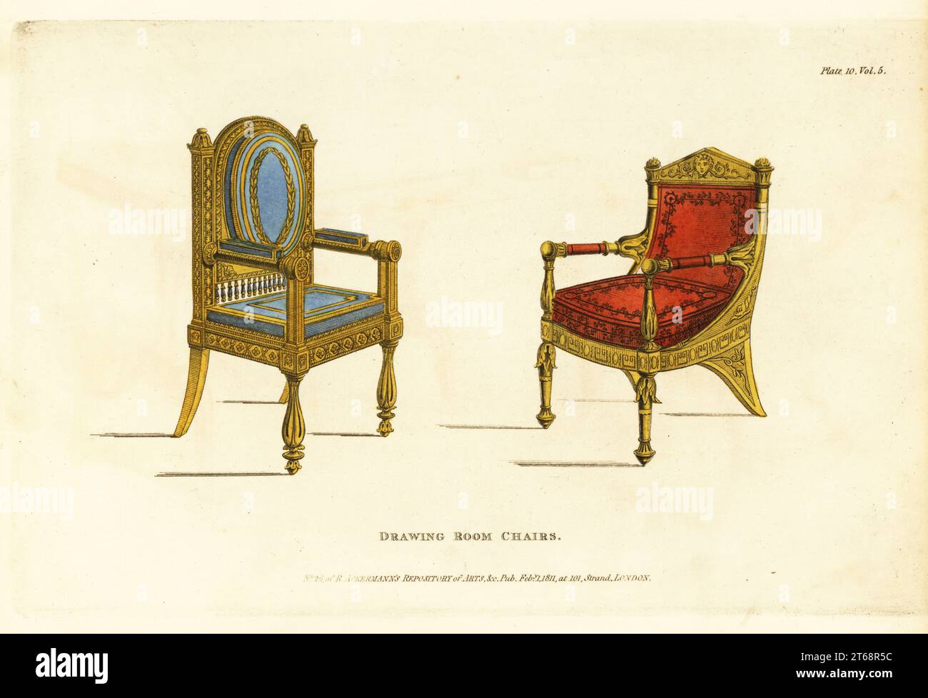 Sessel im Salon, 1811. Reich geschnitzt mit brüniertem Gold und grüner Bronze, die Sitze und Rücken Französisch gefüllt und in besticktem Satin bedeckt. Passend zu den Vorhängen gepolstert. Handkolorierter Kupferstich aus dem Upholsterer's and Cabinet-Maker's Repository, bestehend aus sechsundsiebzig Entwürfen moderner und modischer Möbel, Rudolph Ackermann, London, 1830. Stockfoto